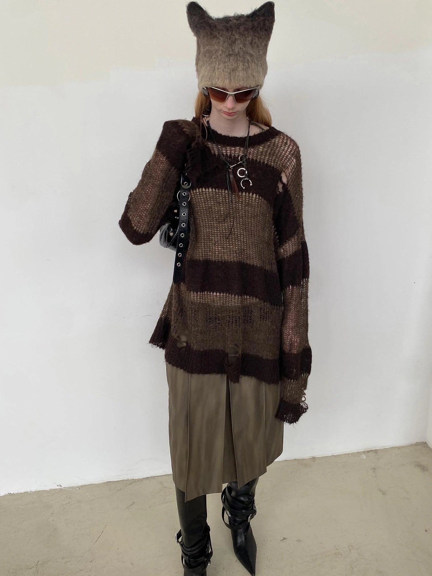 Brown Striped Knit Sweater With Distressed Openwork Texture