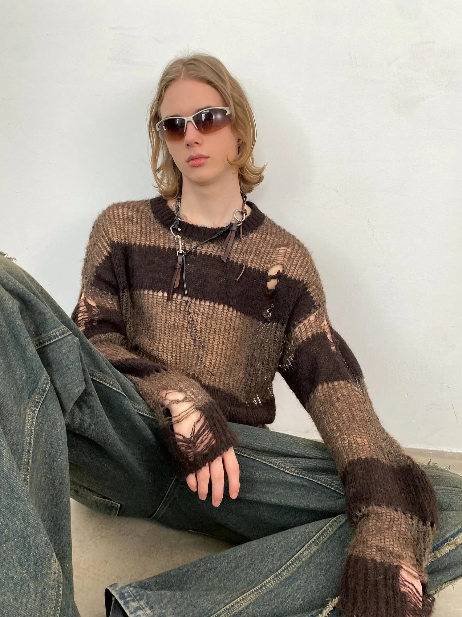 Brown Striped Knit Sweater With Distressed Openwork Texture
