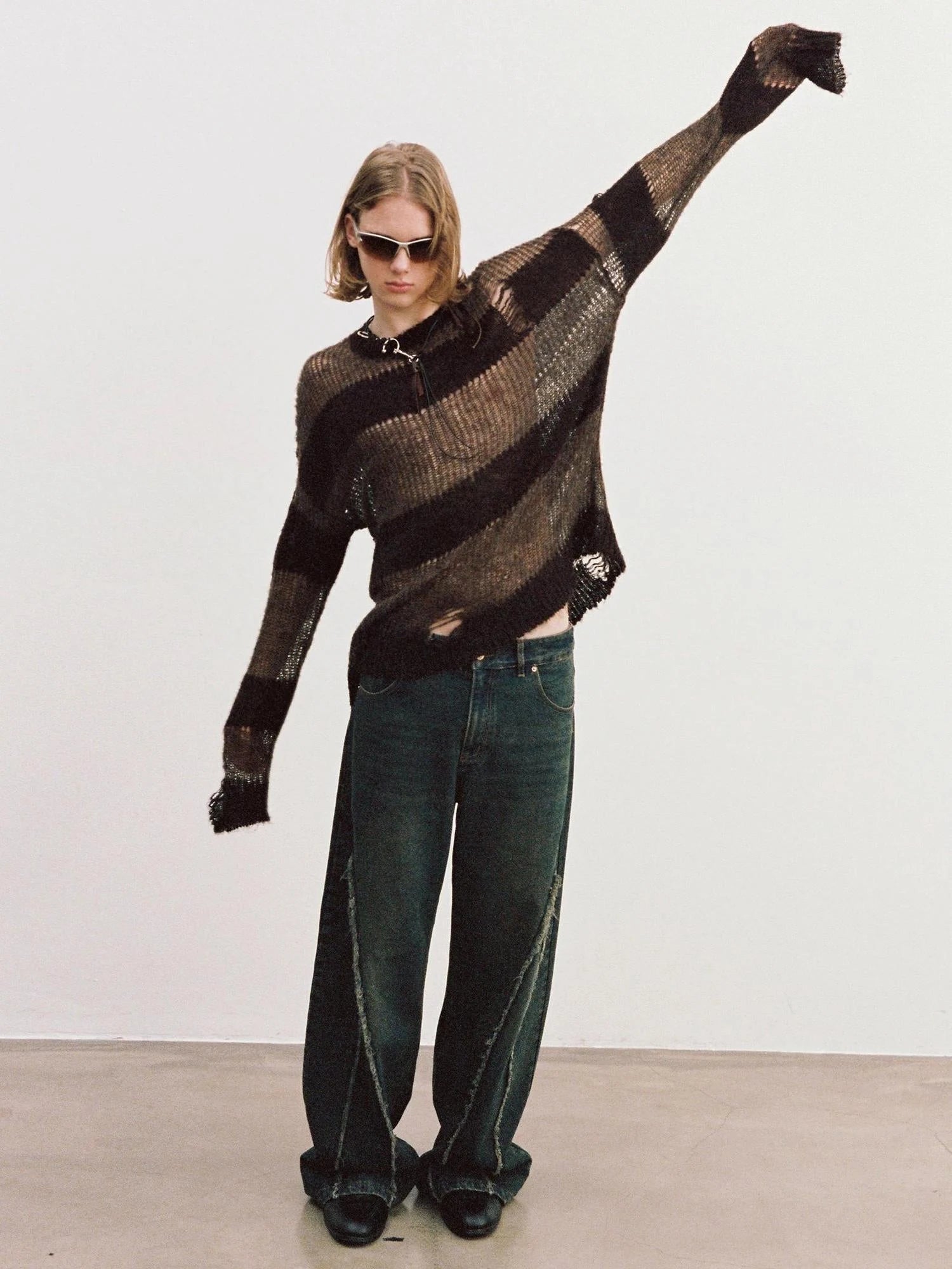 Brown Striped Knit Sweater With Distressed Openwork Texture
