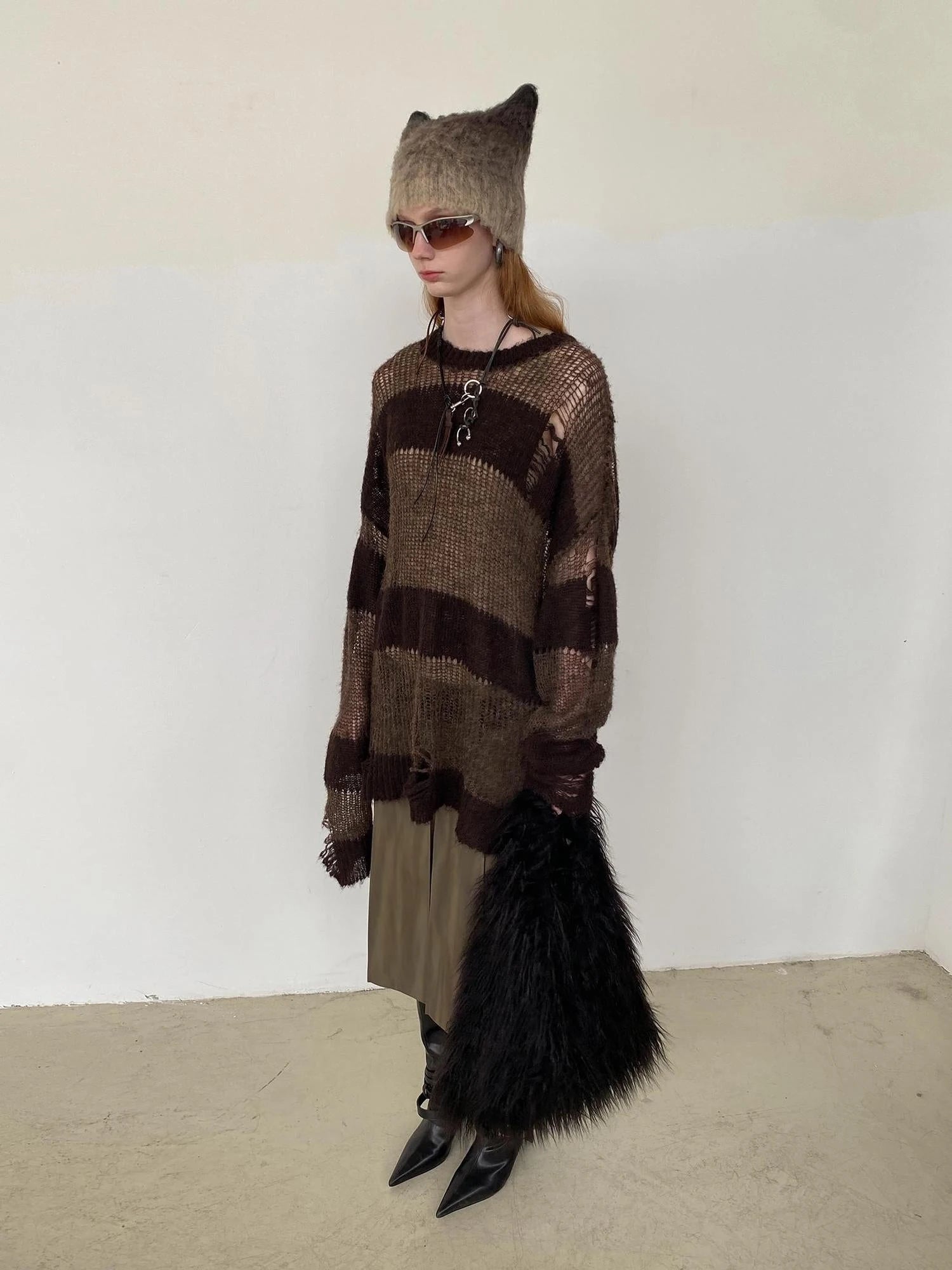 Brown Striped Knit Sweater With Distressed Openwork Texture