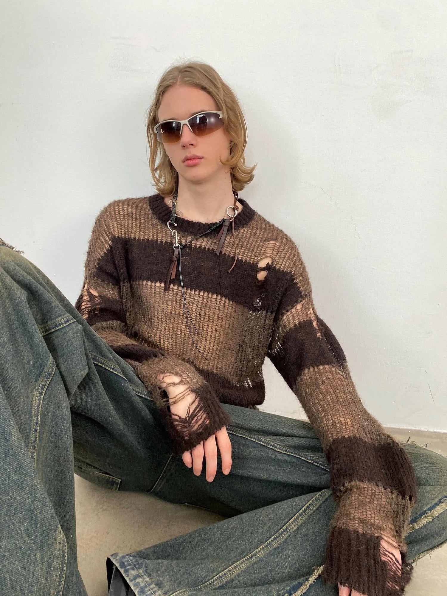 Brown Striped Knit Sweater With Distressed Openwork Texture