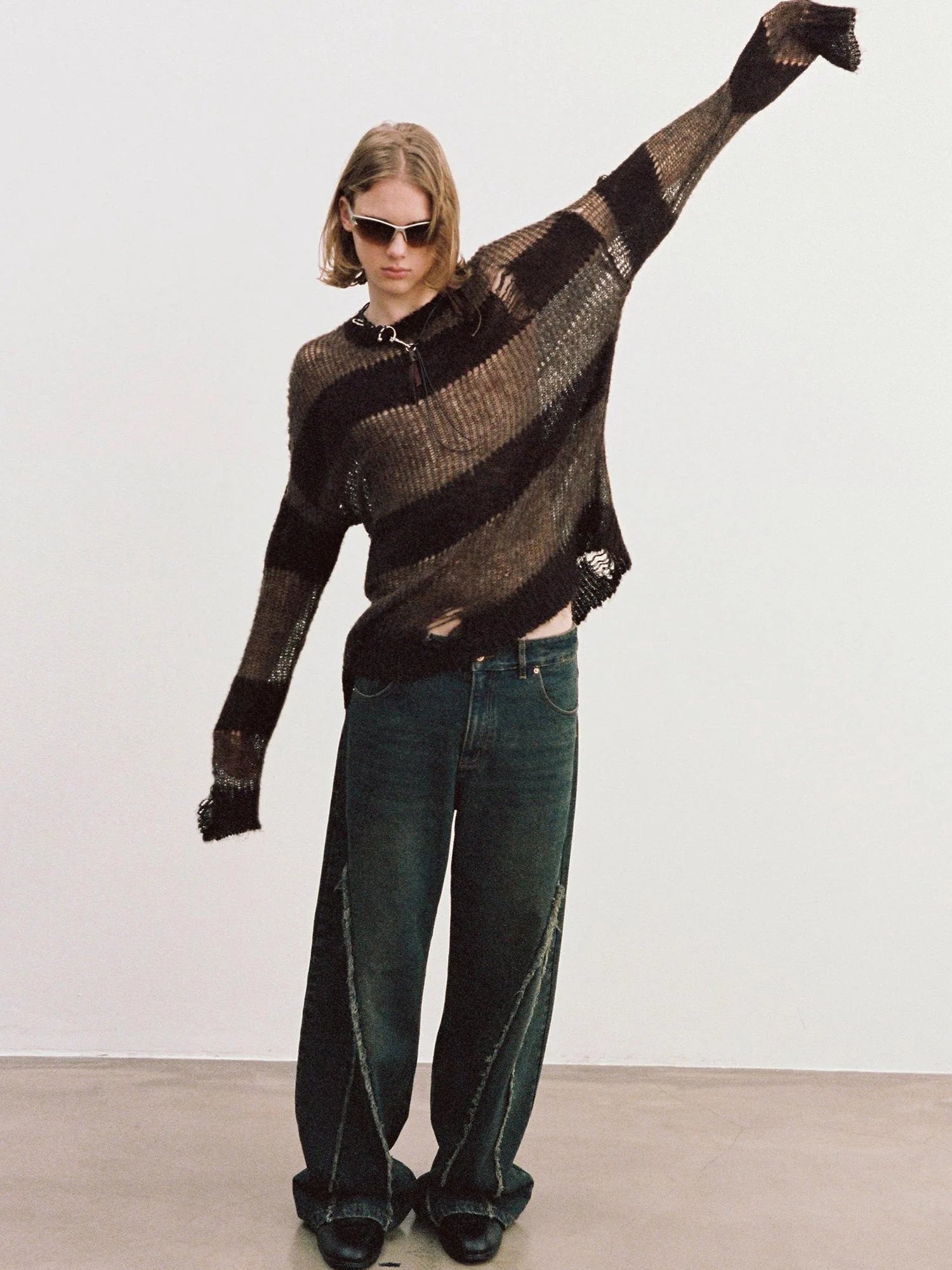 Brown Striped Knit Sweater With Distressed Openwork Texture