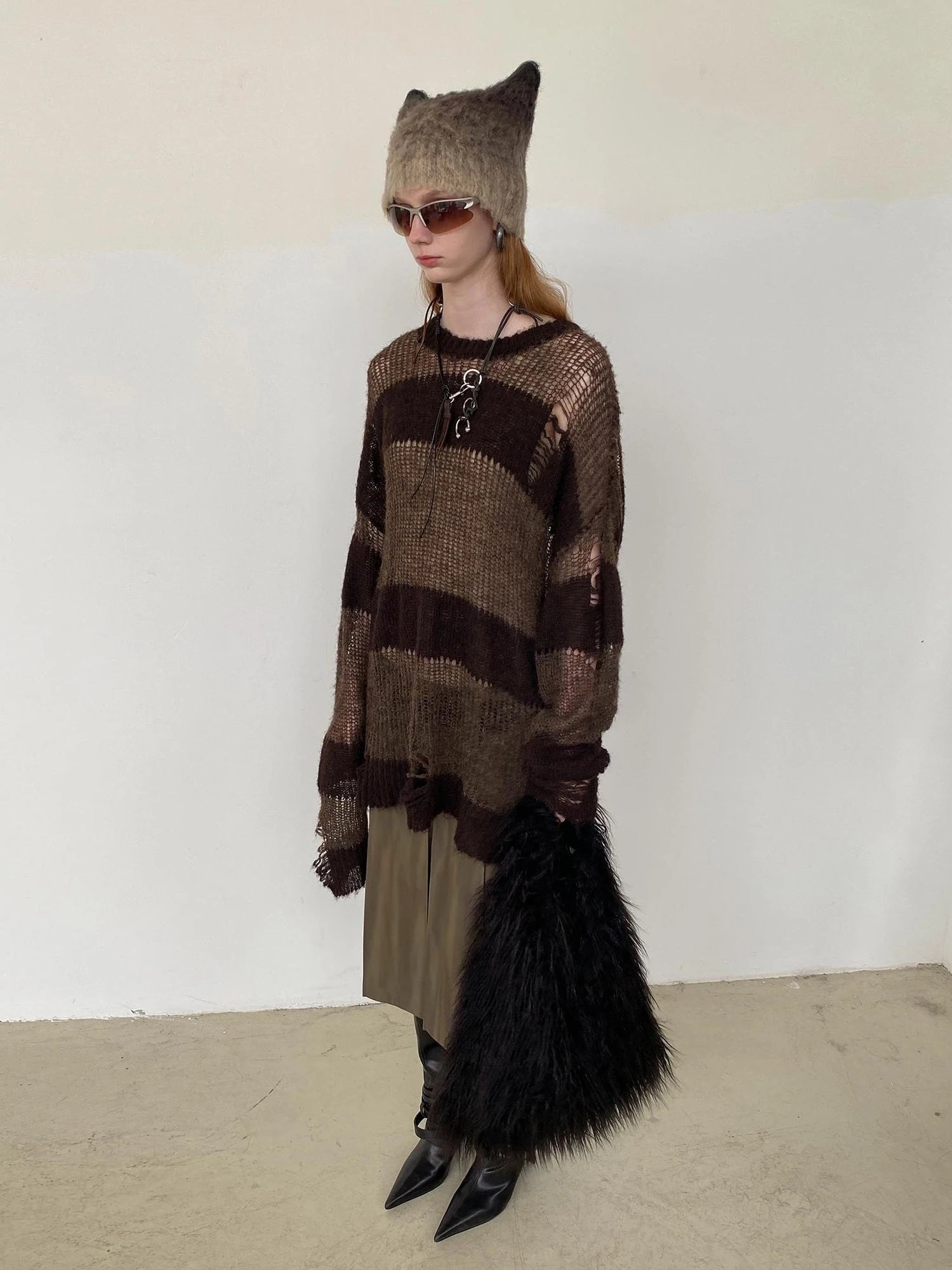 Brown Striped Knit Sweater With Distressed Openwork Texture