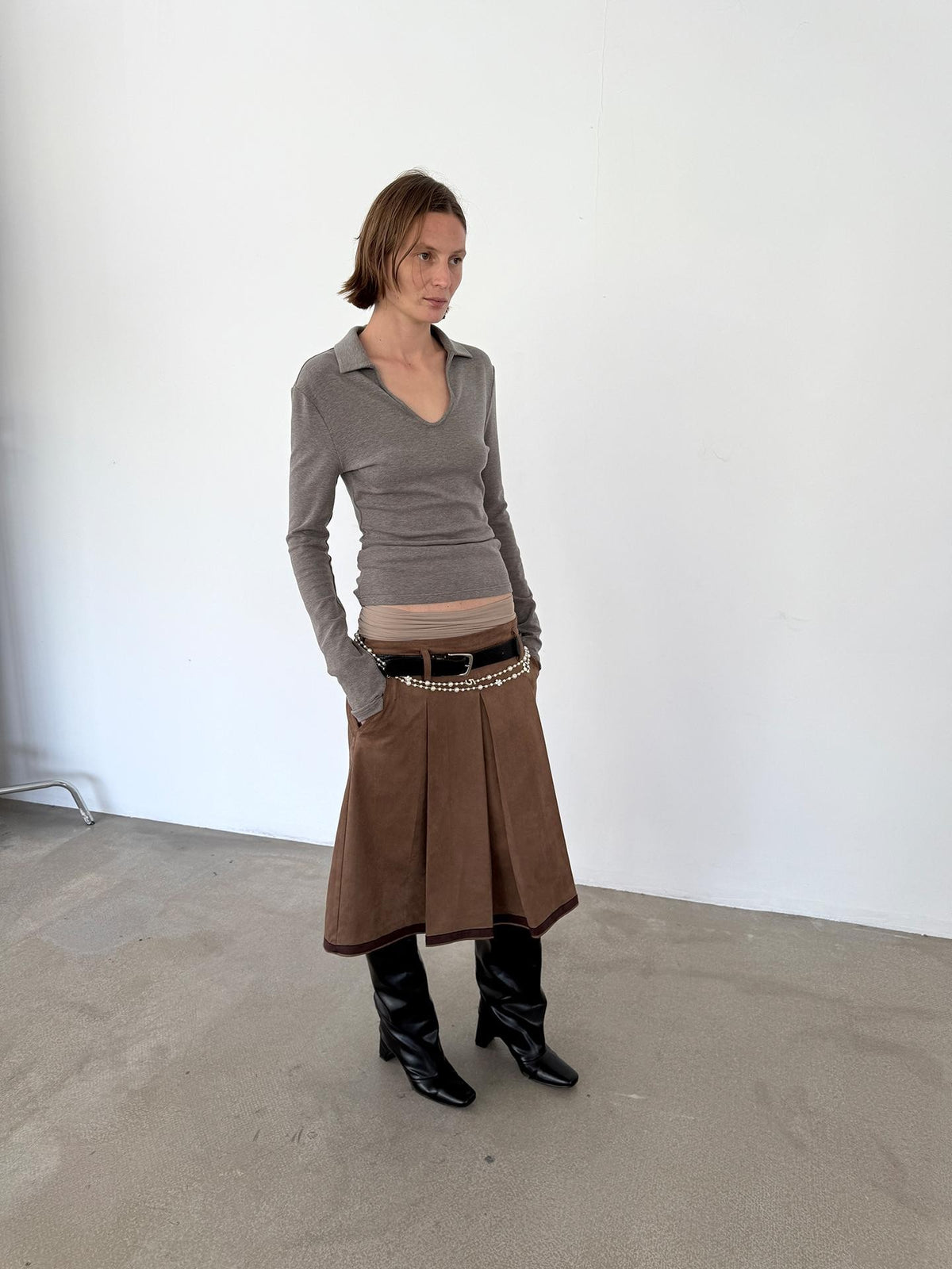 Delivery Brown Suede Aline Colorblock Hem Hand Pressed Pleats Women&