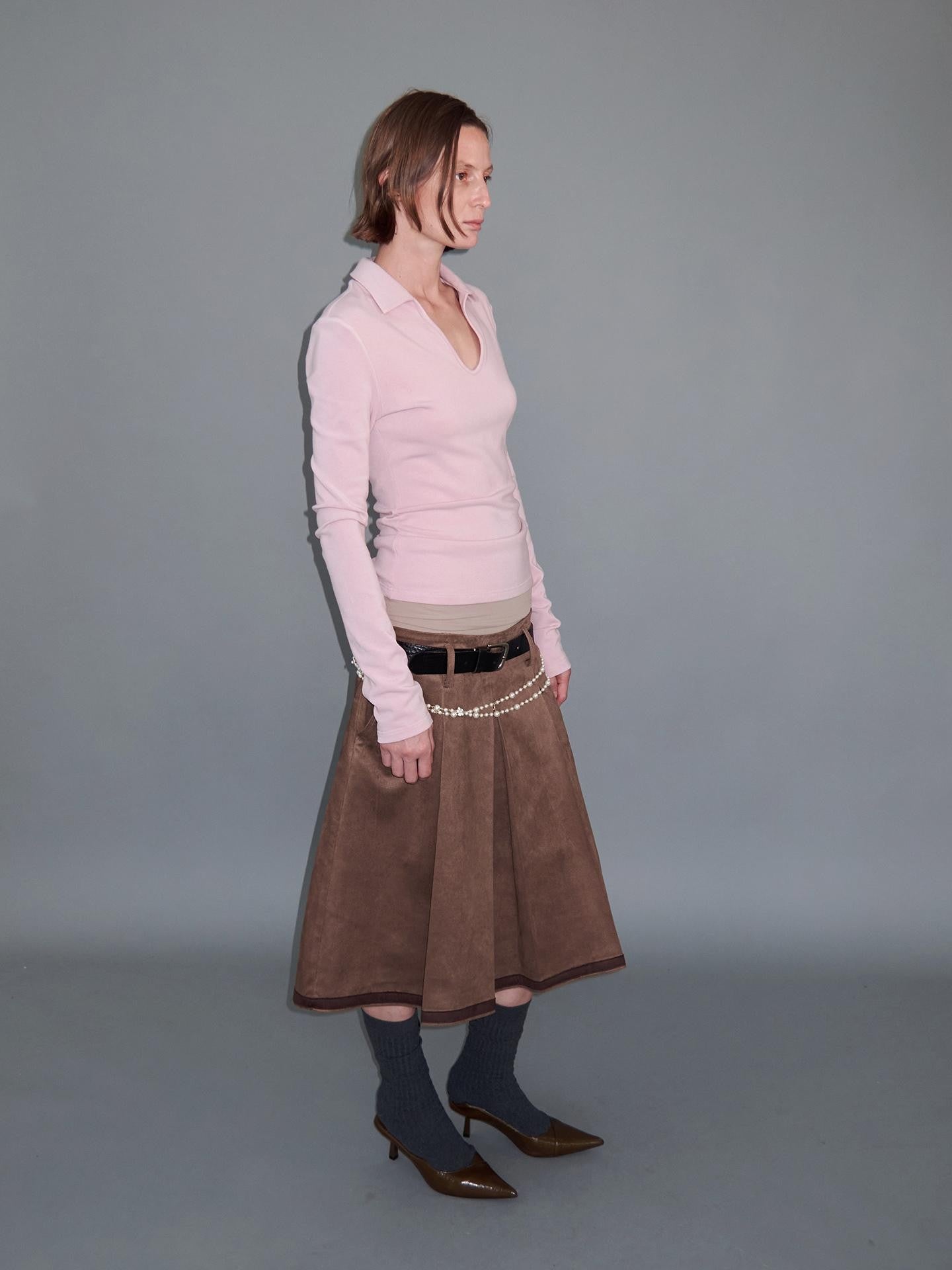 Delivery Brown Suede Aline Colorblock Hem Hand Pressed Pleats Women&