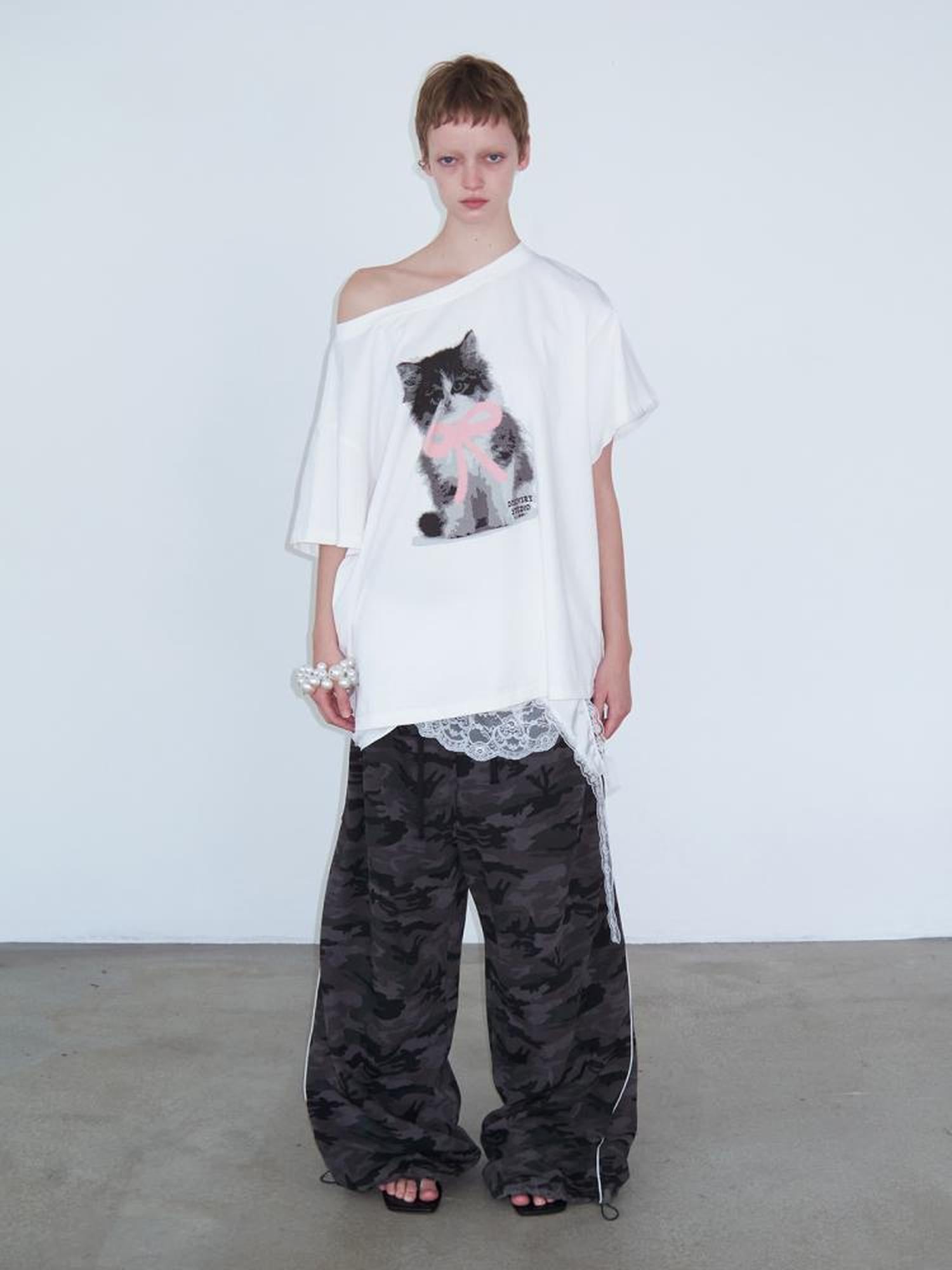 Delivery Butterfly Bow Print Wide Neck White T-shirt Off Shoulder Top