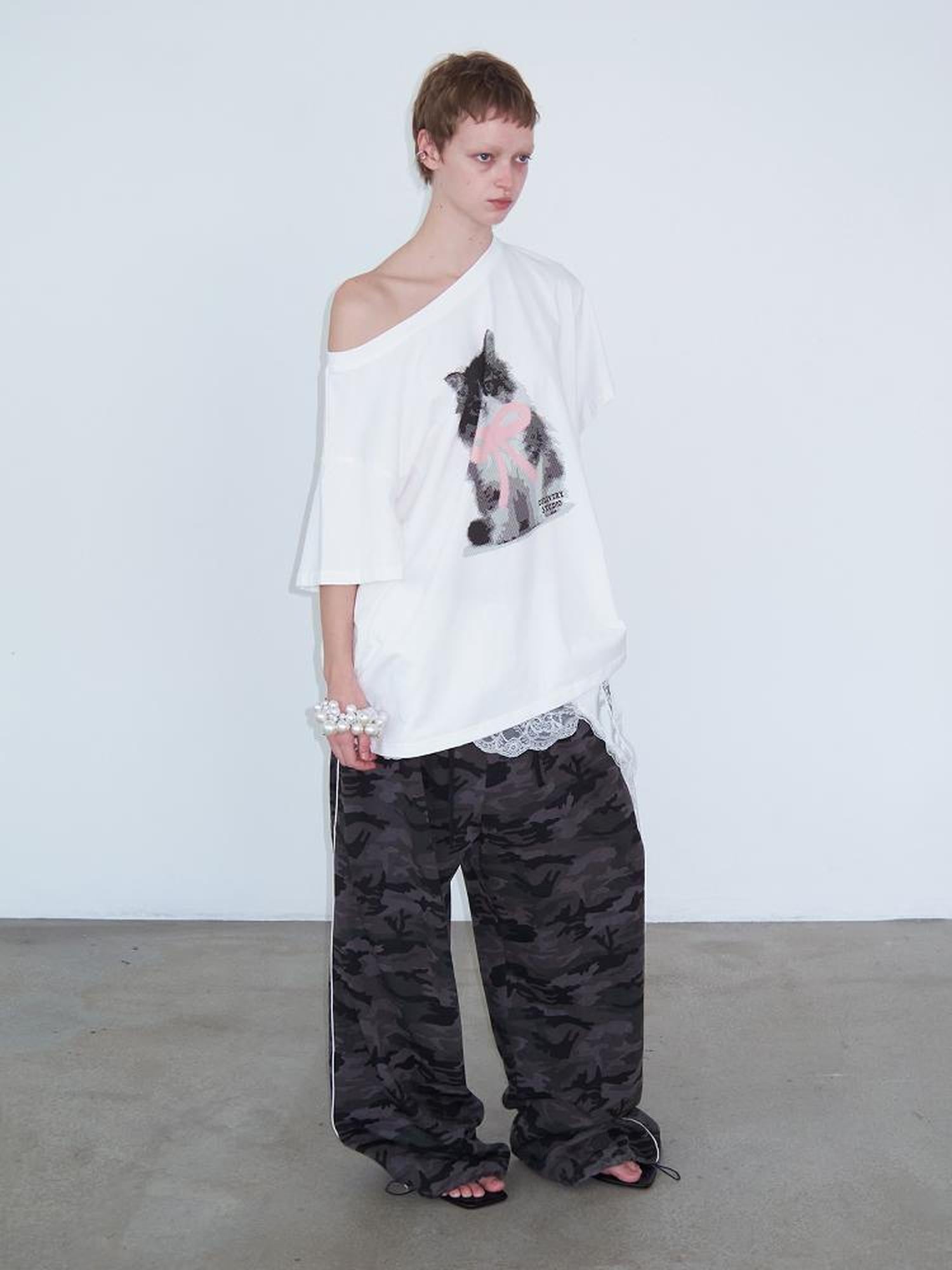 Delivery Butterfly Bow Print Wide Neck White T-shirt Off Shoulder Top