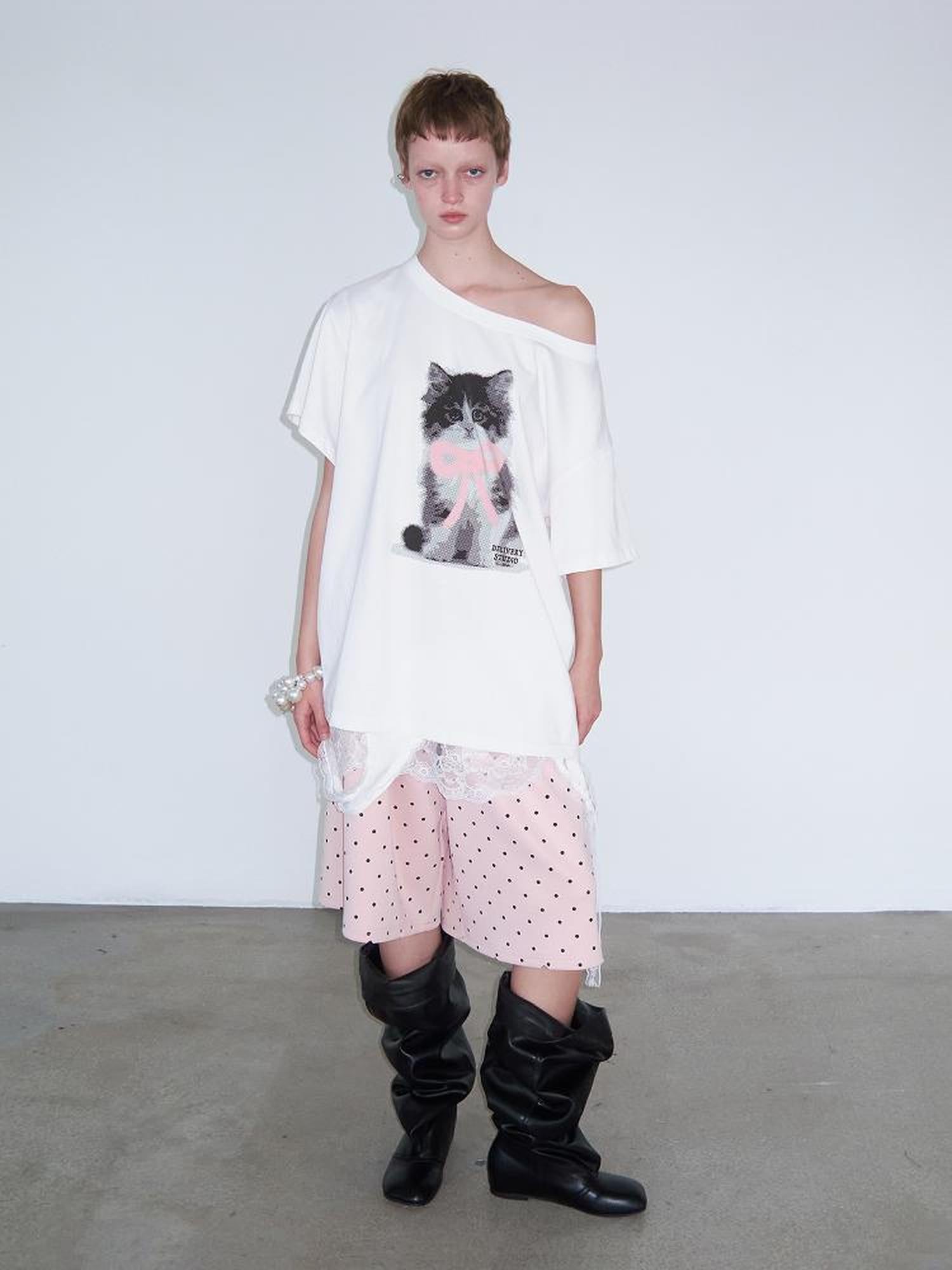 Delivery Butterfly Bow Print Wide Neck White T-shirt Off Shoulder Top