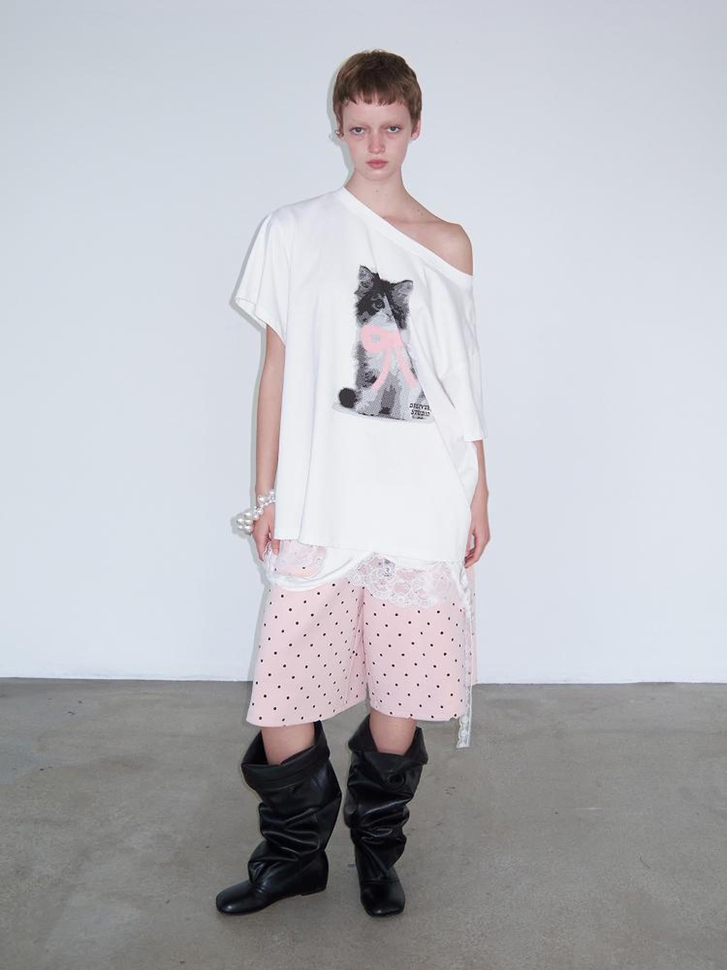 Delivery Butterfly Bow Print Wide Neck White T-shirt Off Shoulder Top