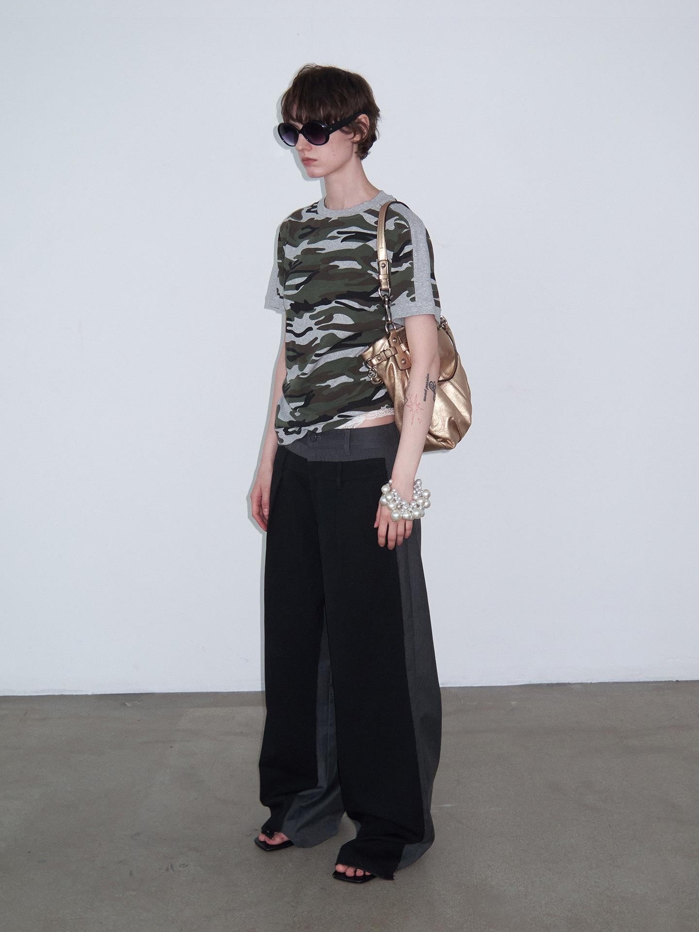 Delivery Camo Gray Panel Round Neck Loose Straight Women&