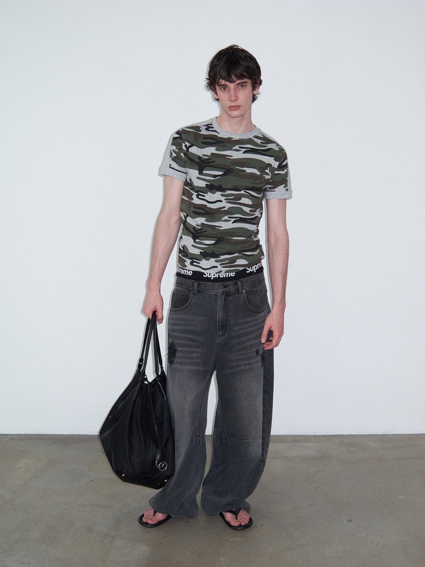 Delivery Camo Gray Panel Round Neck Loose Straight Women&