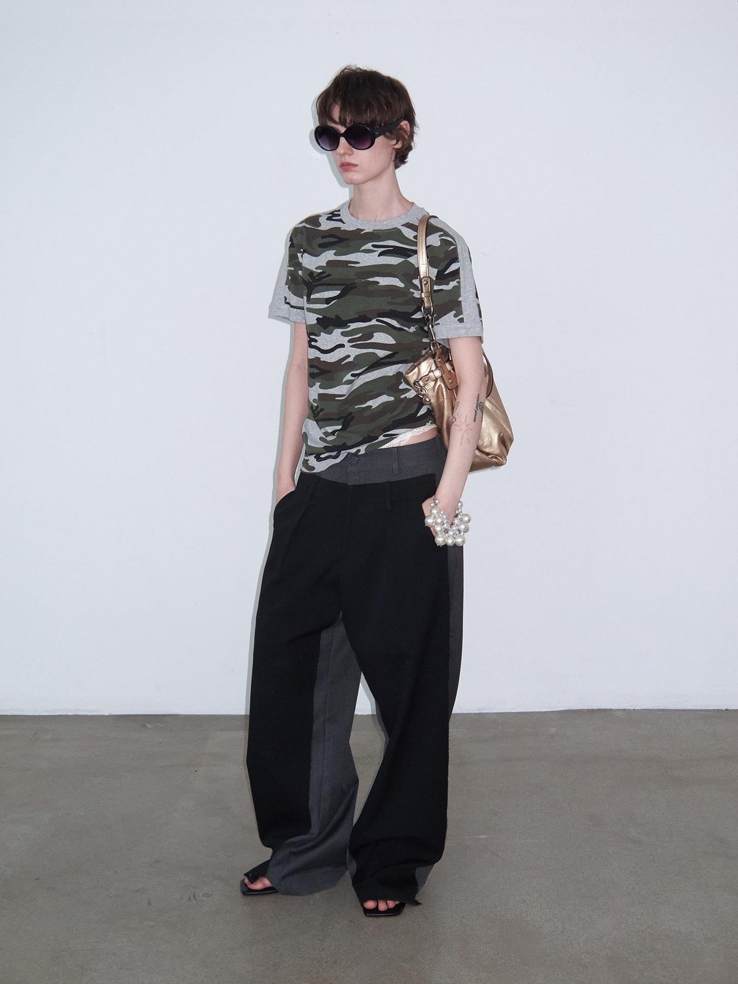 Delivery Camo Gray Panel Round Neck Loose Straight Women&