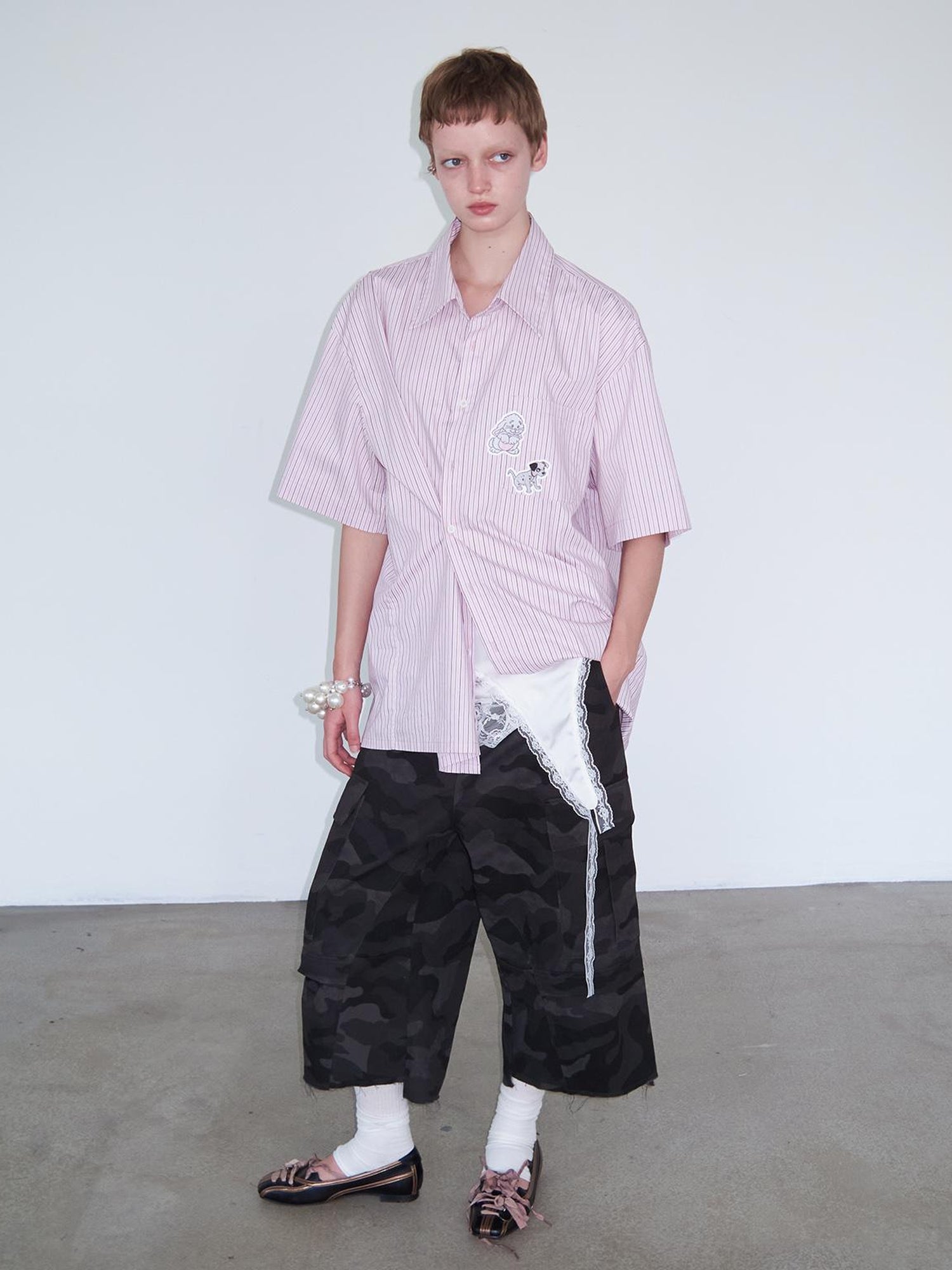 Delivery Casual Pink Purple Striped Shirt With Fun Cartoon Animal Stickers