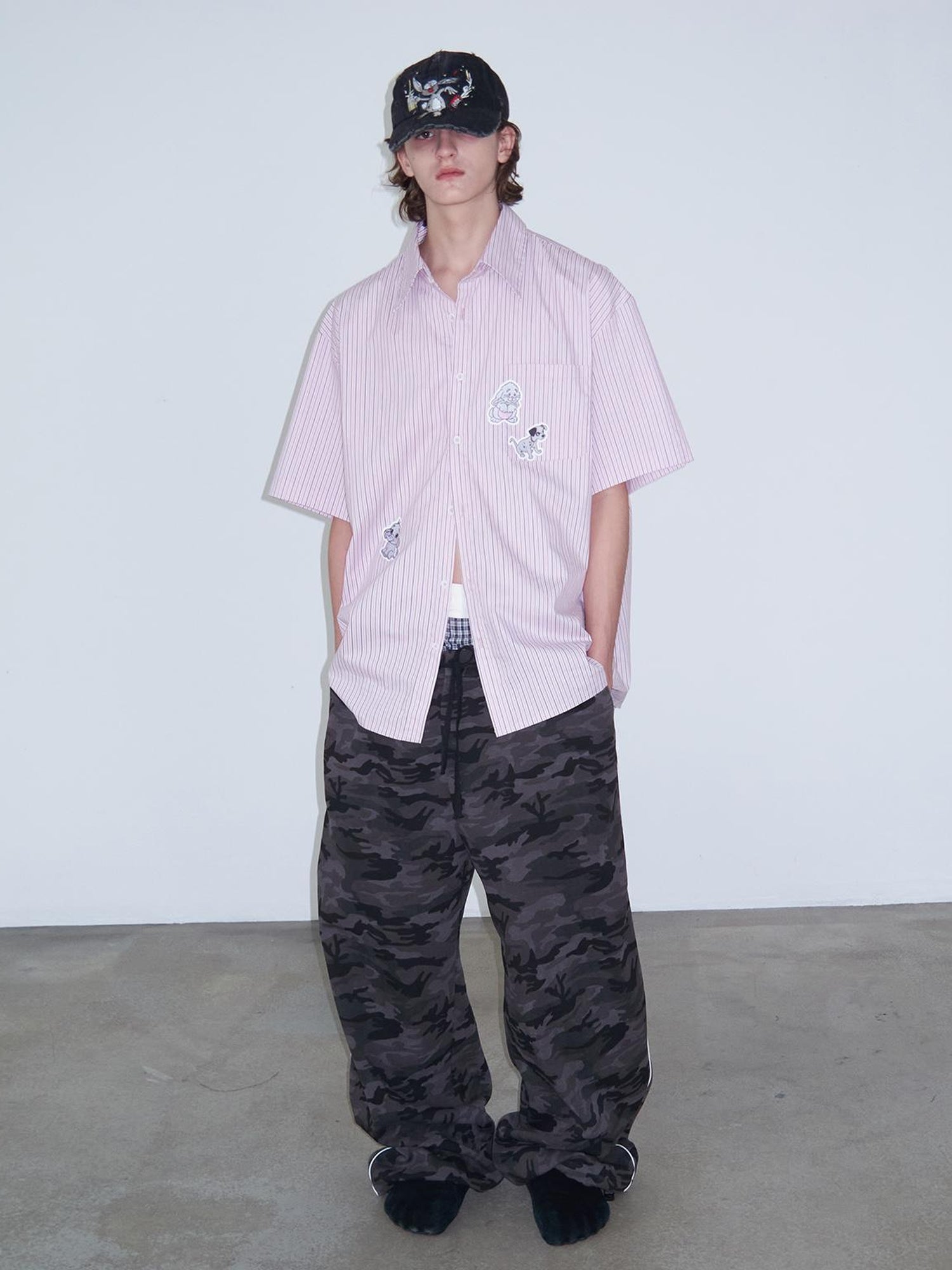 Delivery Casual Pink Purple Striped Shirt With Fun Cartoon Animal Stickers