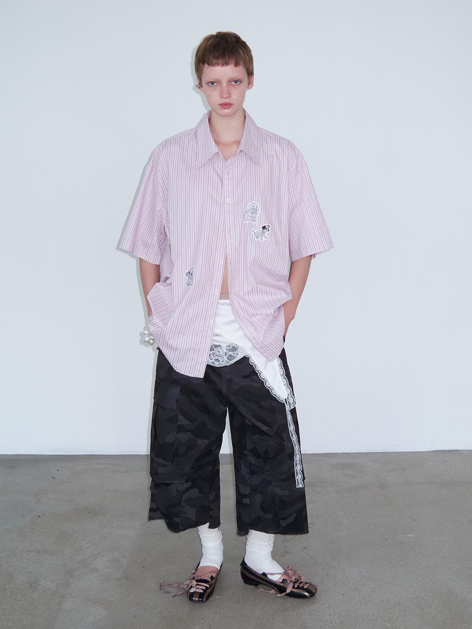 Delivery Casual Pink Purple Striped Shirt With Fun Cartoon Animal Stickers