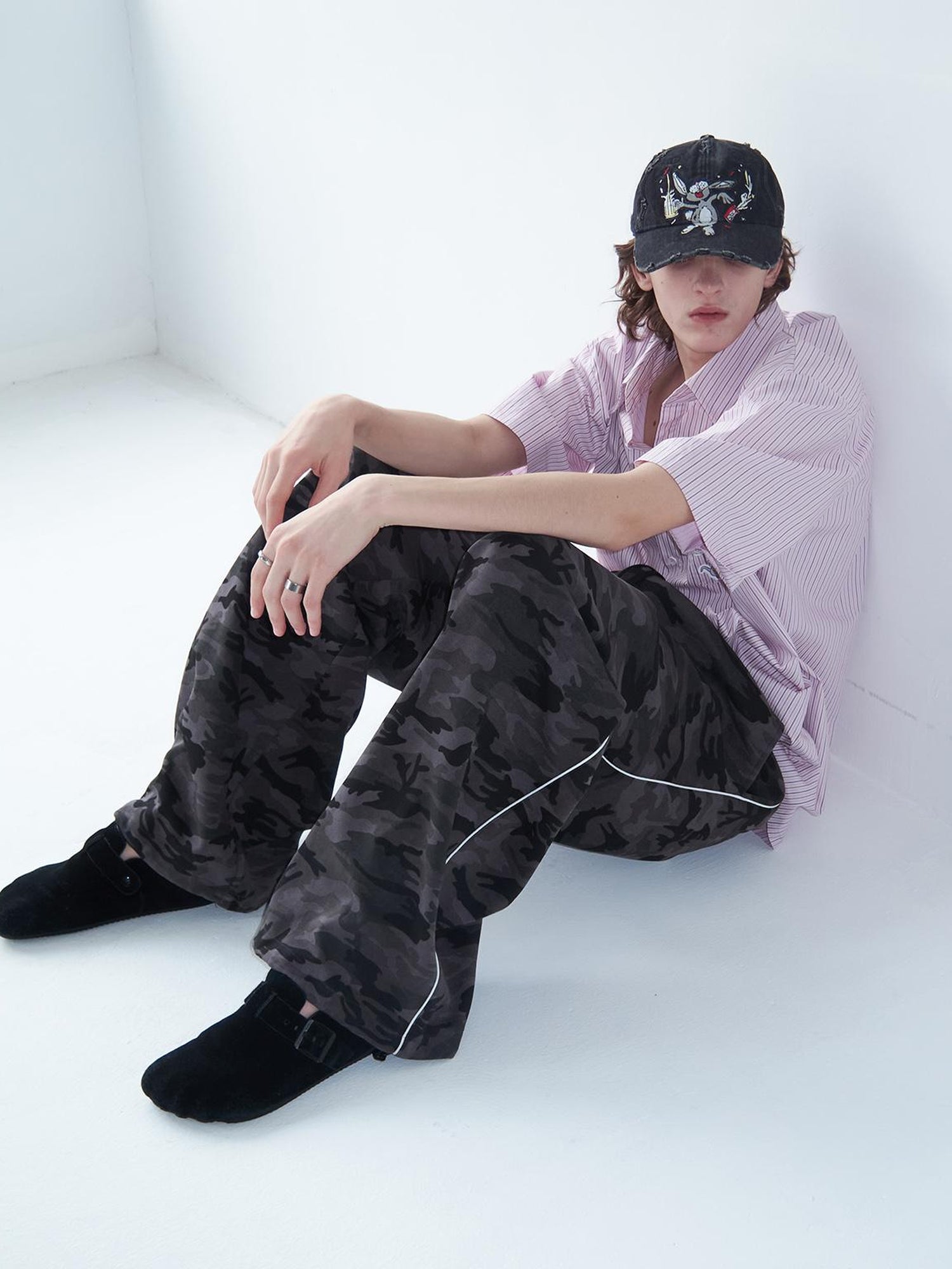 Delivery Casual Pink Purple Striped Shirt With Fun Cartoon Animal Stickers