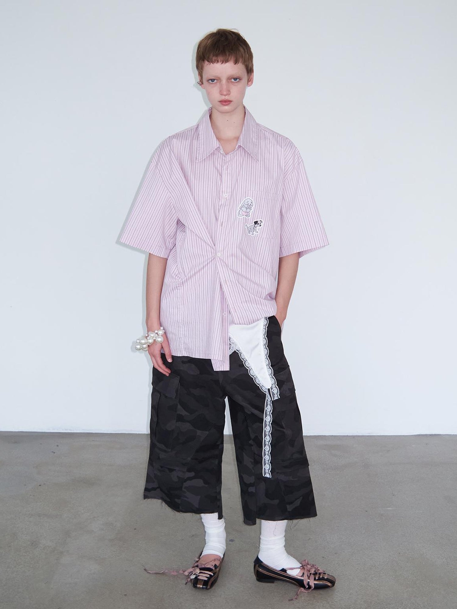 Delivery Casual Pink Purple Striped Shirt With Fun Cartoon Animal Stickers