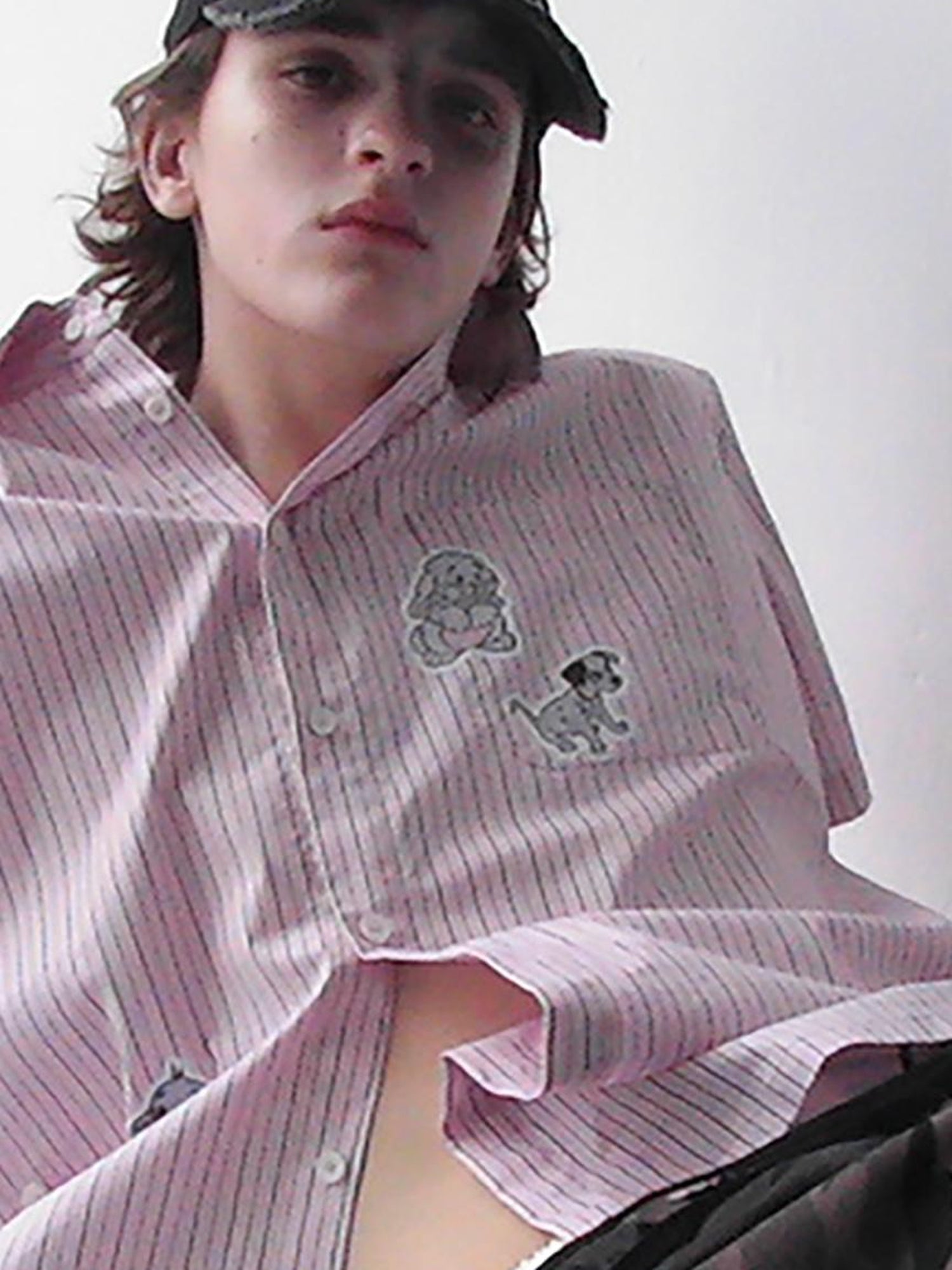 Delivery Casual Pink Purple Striped Shirt With Fun Cartoon Animal Stickers