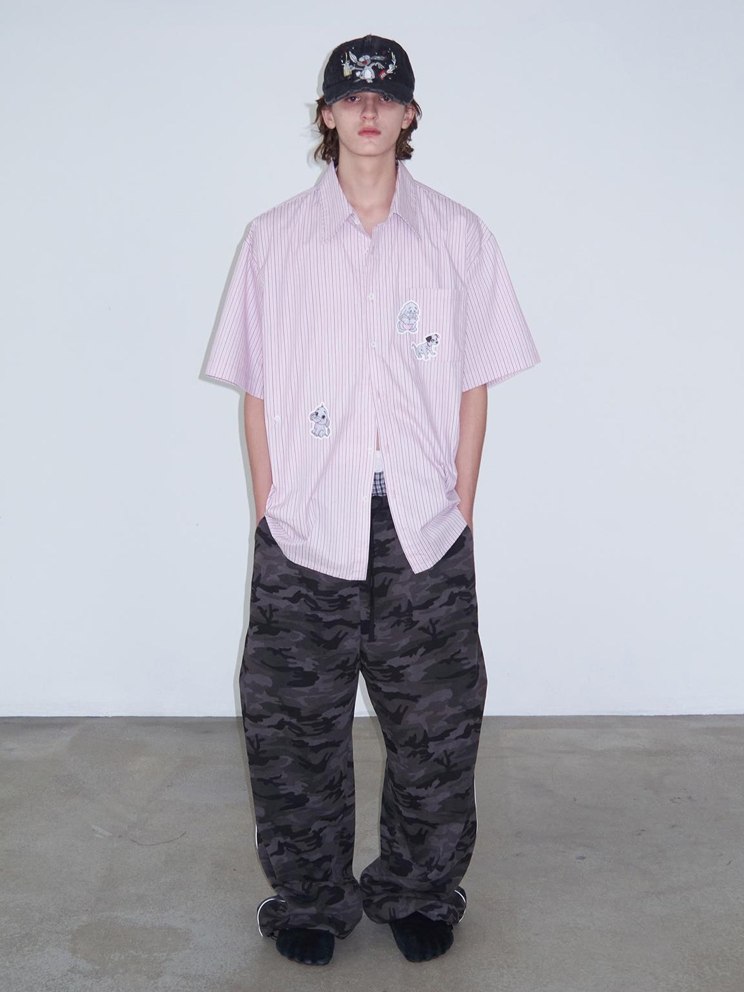 Delivery Casual Pink Purple Striped Shirt With Fun Cartoon Animal Stickers