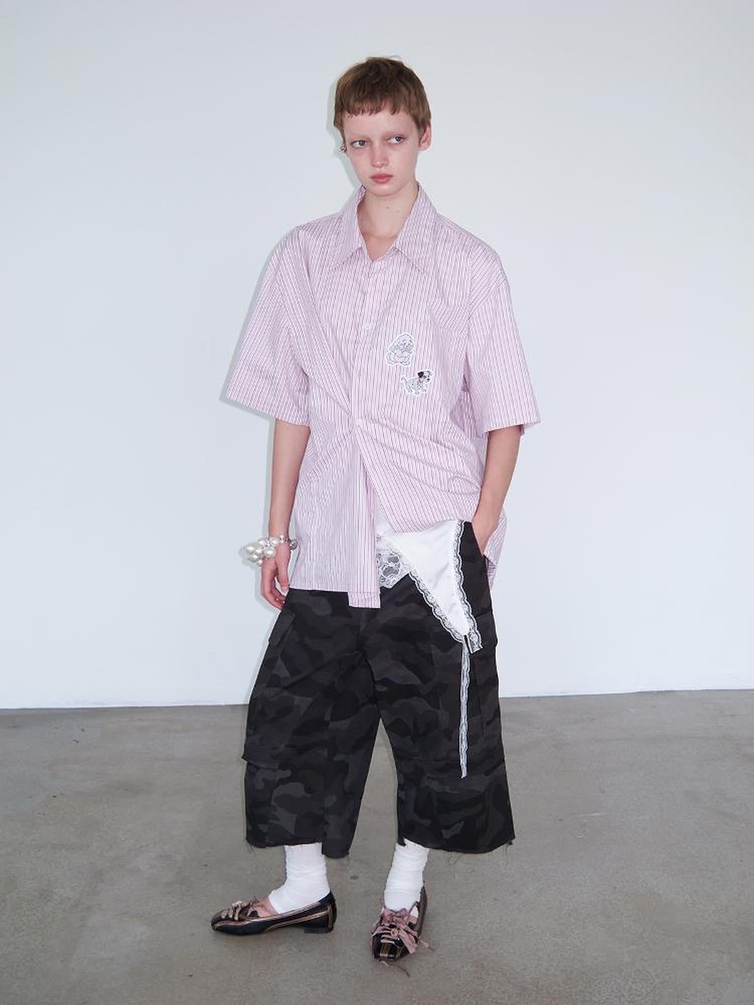 Delivery Casual Pink Purple Striped Shirt With Fun Cartoon Animal Stickers