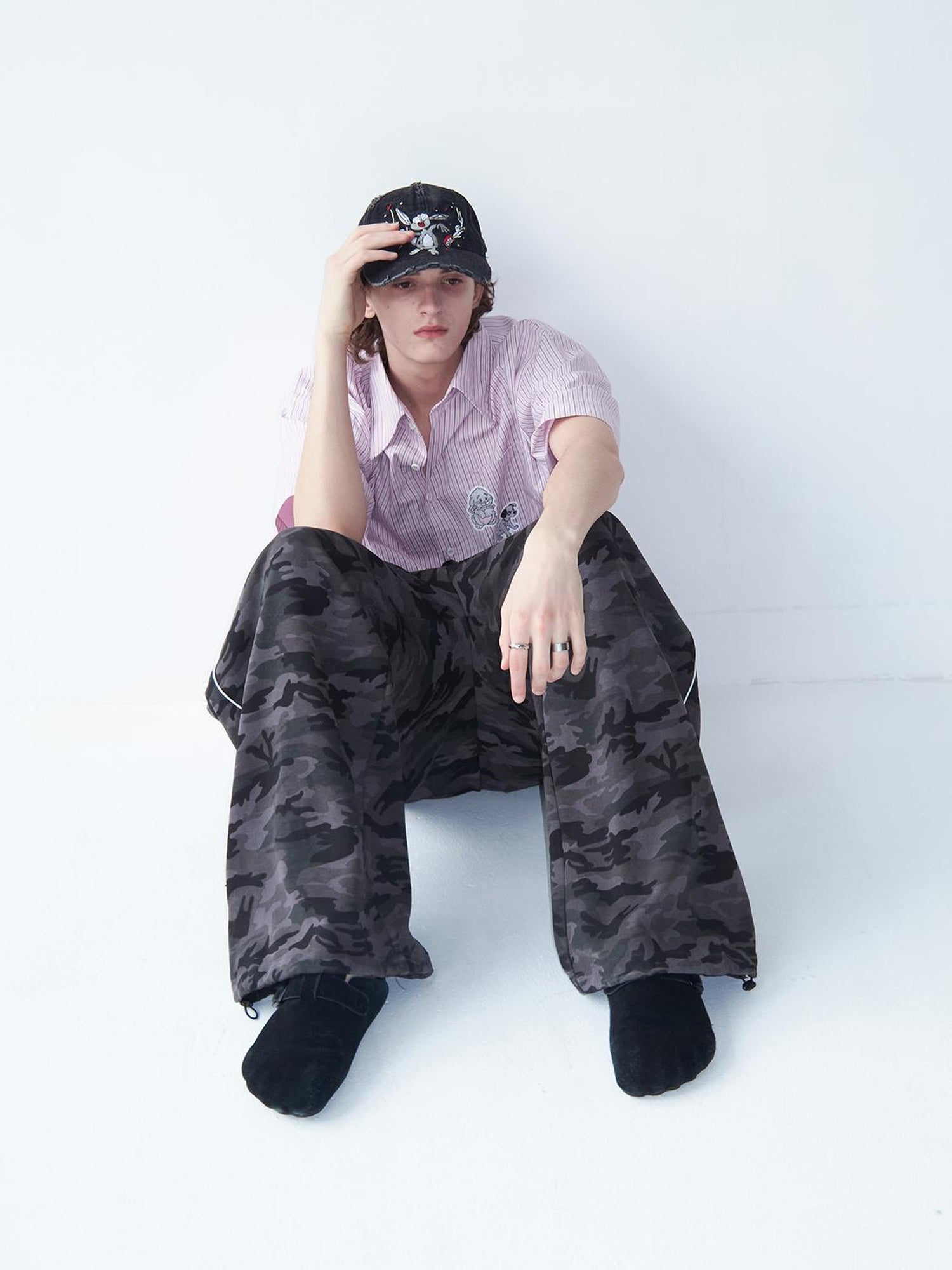 Delivery Casual Pink Purple Striped Shirt With Fun Cartoon Animal Stickers