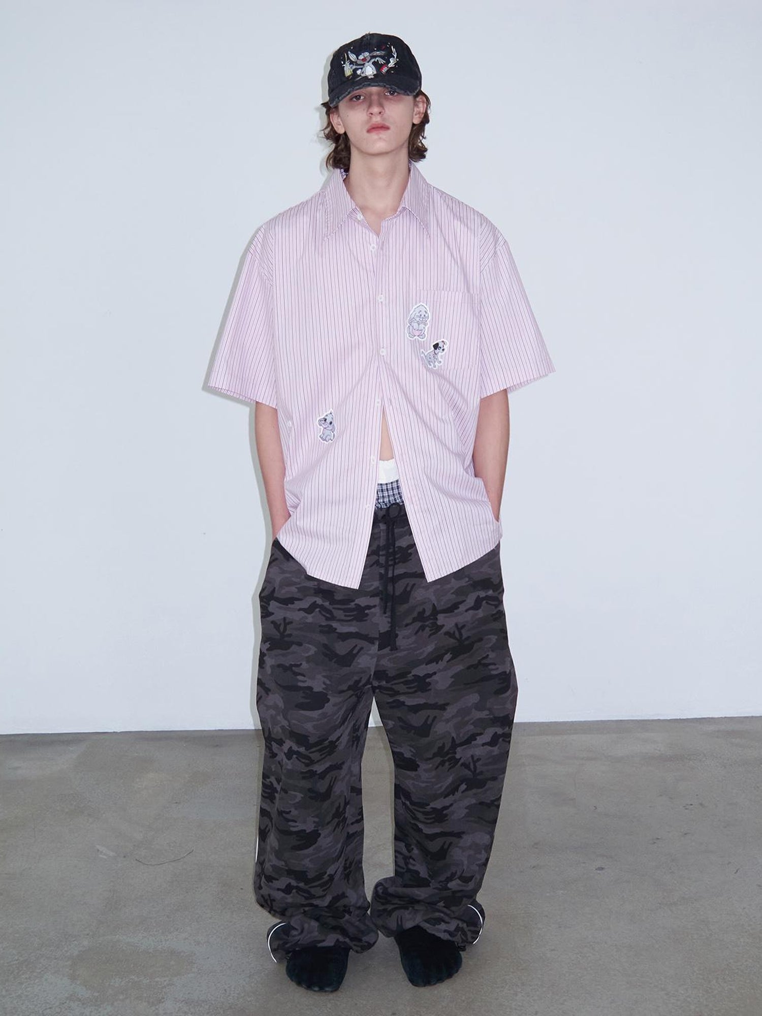 Delivery Casual Pink Purple Striped Shirt With Fun Cartoon Animal Stickers