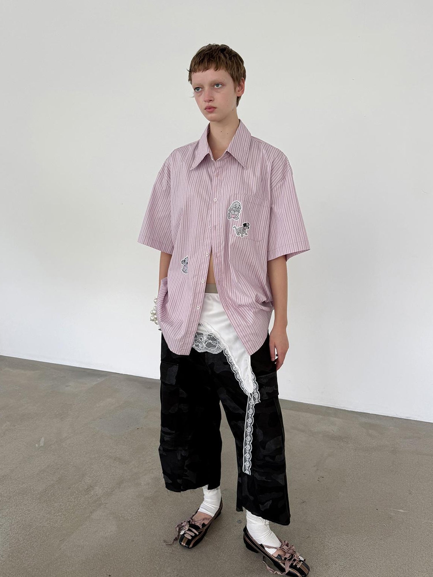 Delivery Casual Pink Purple Striped Shirt With Fun Cartoon Animal Stickers