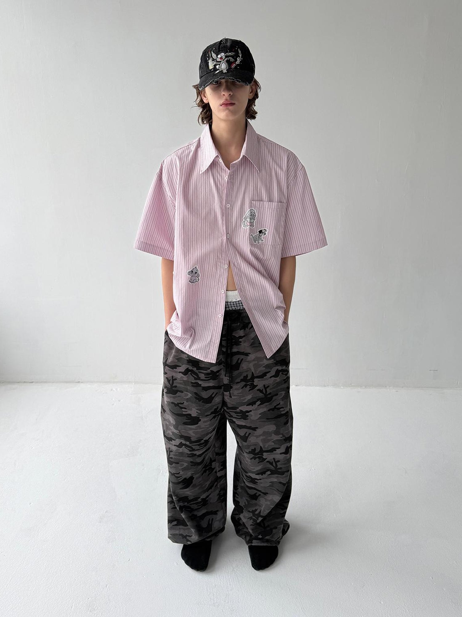 Delivery Casual Pink Purple Striped Shirt With Fun Cartoon Animal Stickers