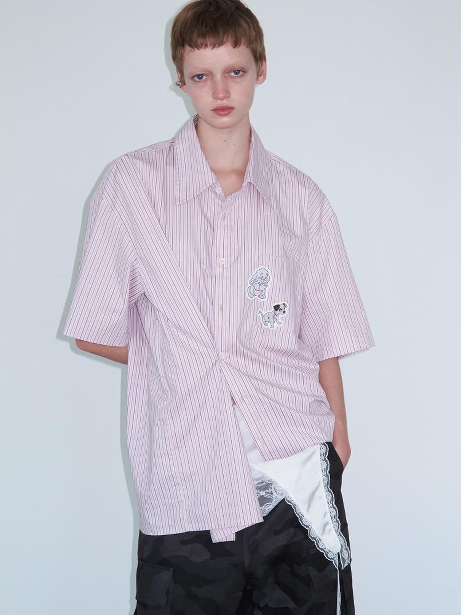 Delivery Casual Pink Purple Striped Shirt With Fun Cartoon Animal Stickers