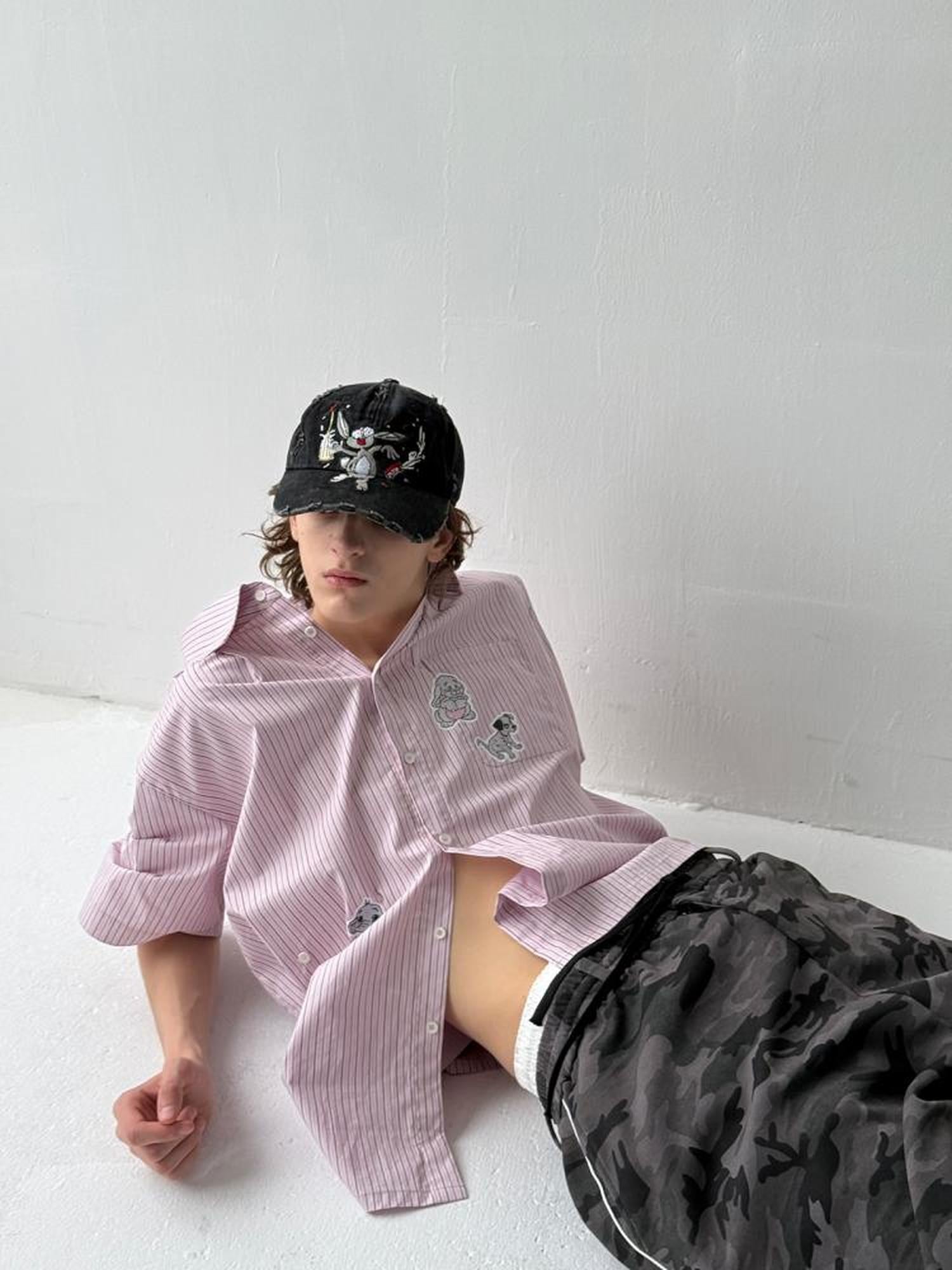 Delivery Casual Pink Purple Striped Shirt With Fun Cartoon Animal Stickers