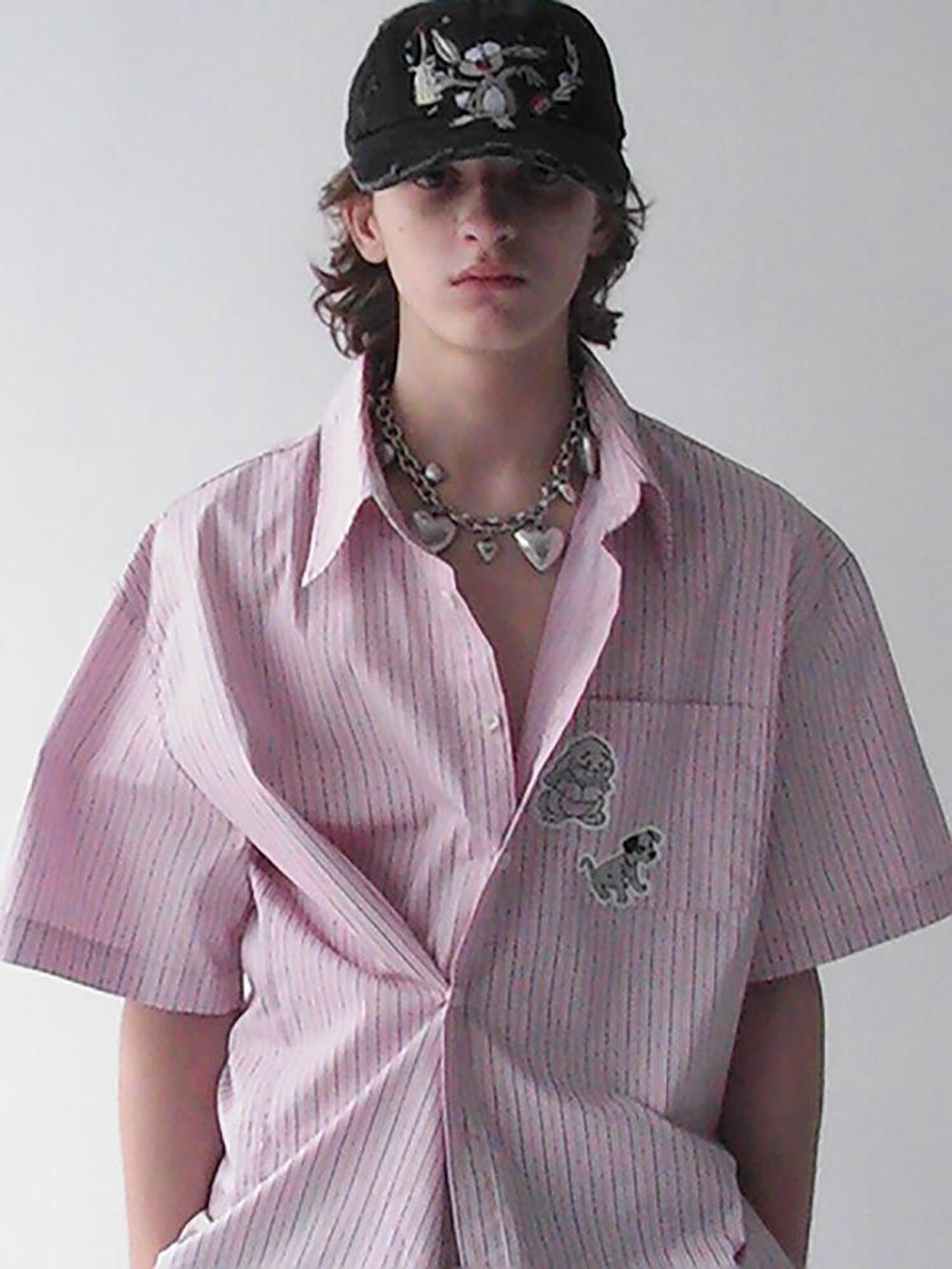 Delivery Casual Pink Purple Striped Shirt With Fun Cartoon Animal Stickers