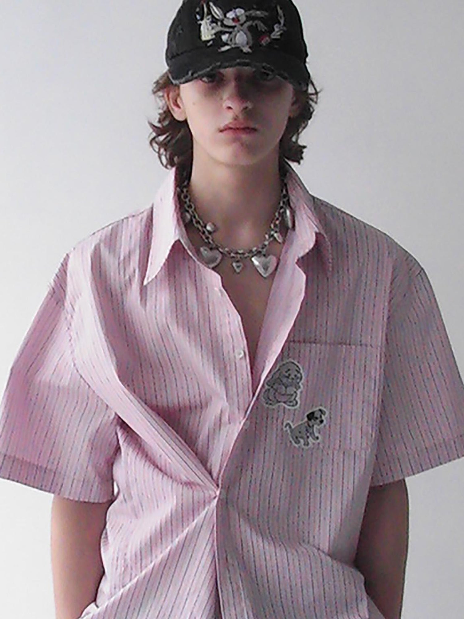 Delivery Casual Pink Purple Striped Shirt With Fun Cartoon Animal Stickers