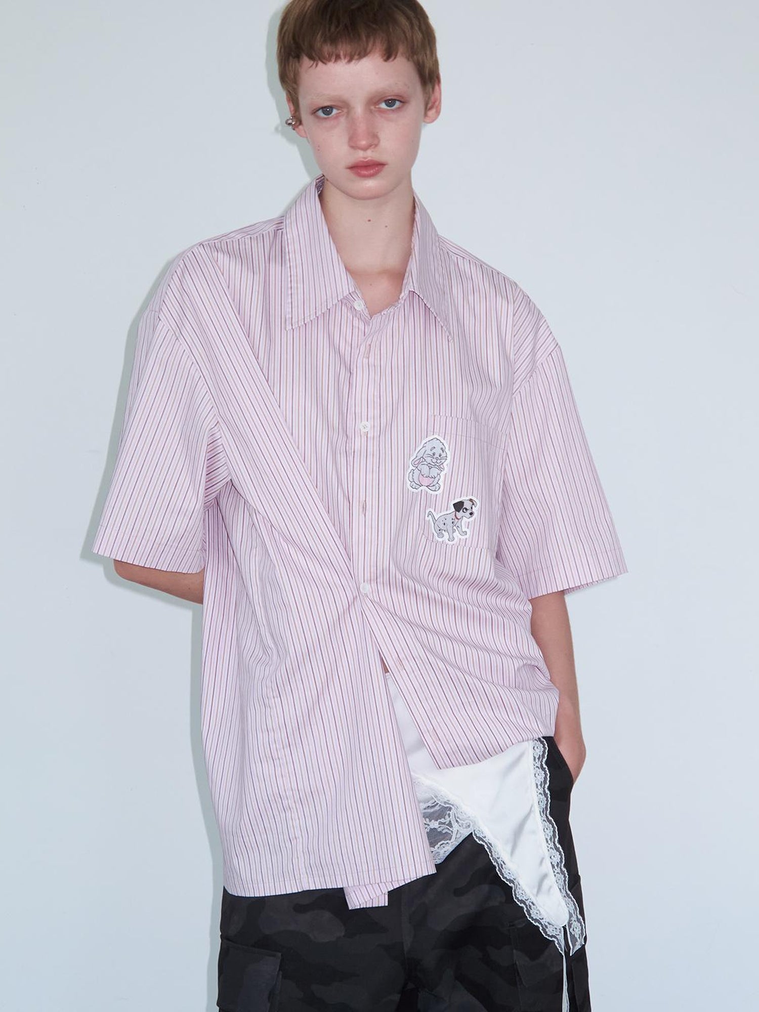 Delivery Casual Pink Purple Striped Shirt With Fun Cartoon Animal Stickers