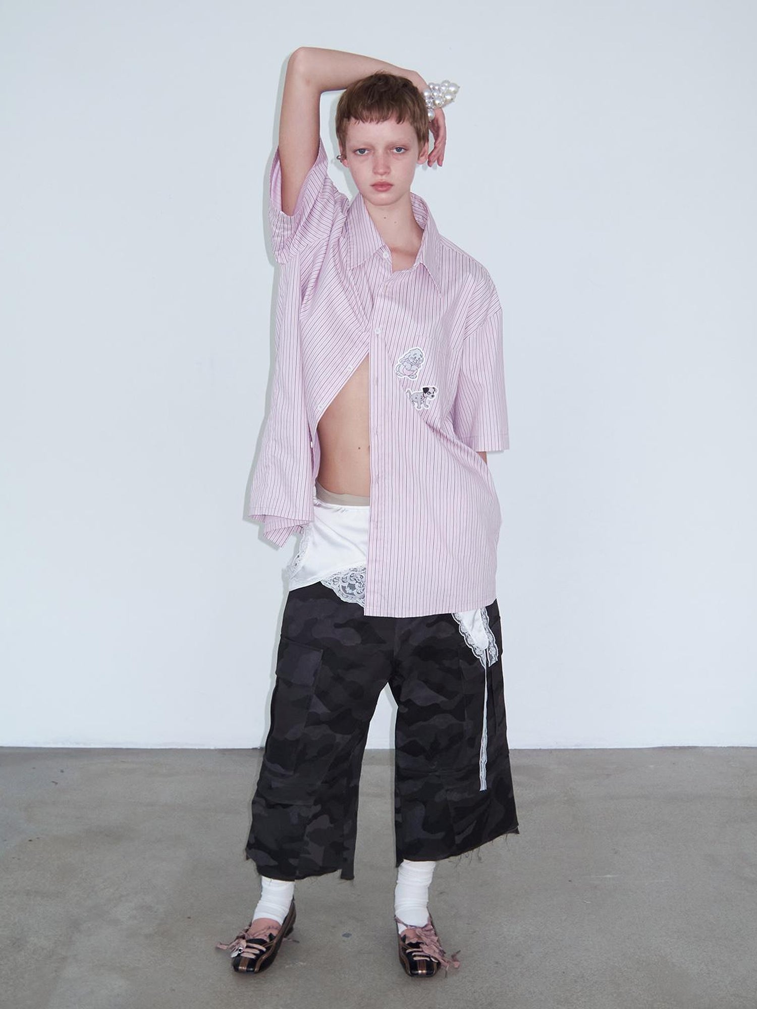 Delivery Casual Pink Purple Striped Shirt With Fun Cartoon Animal Stickers