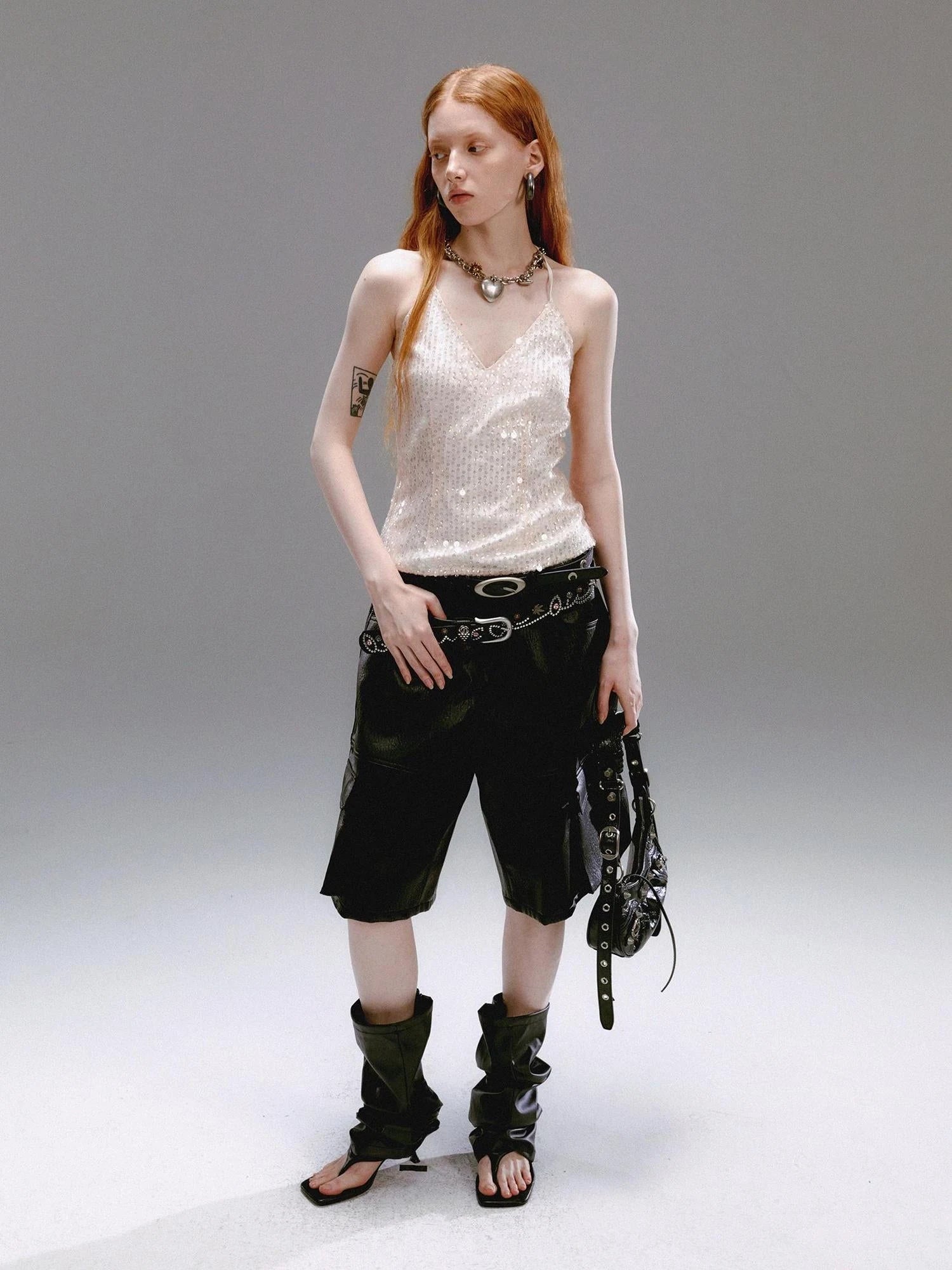 Champagne Beaded Halter V-Neck Waist Cinching Backless Vest