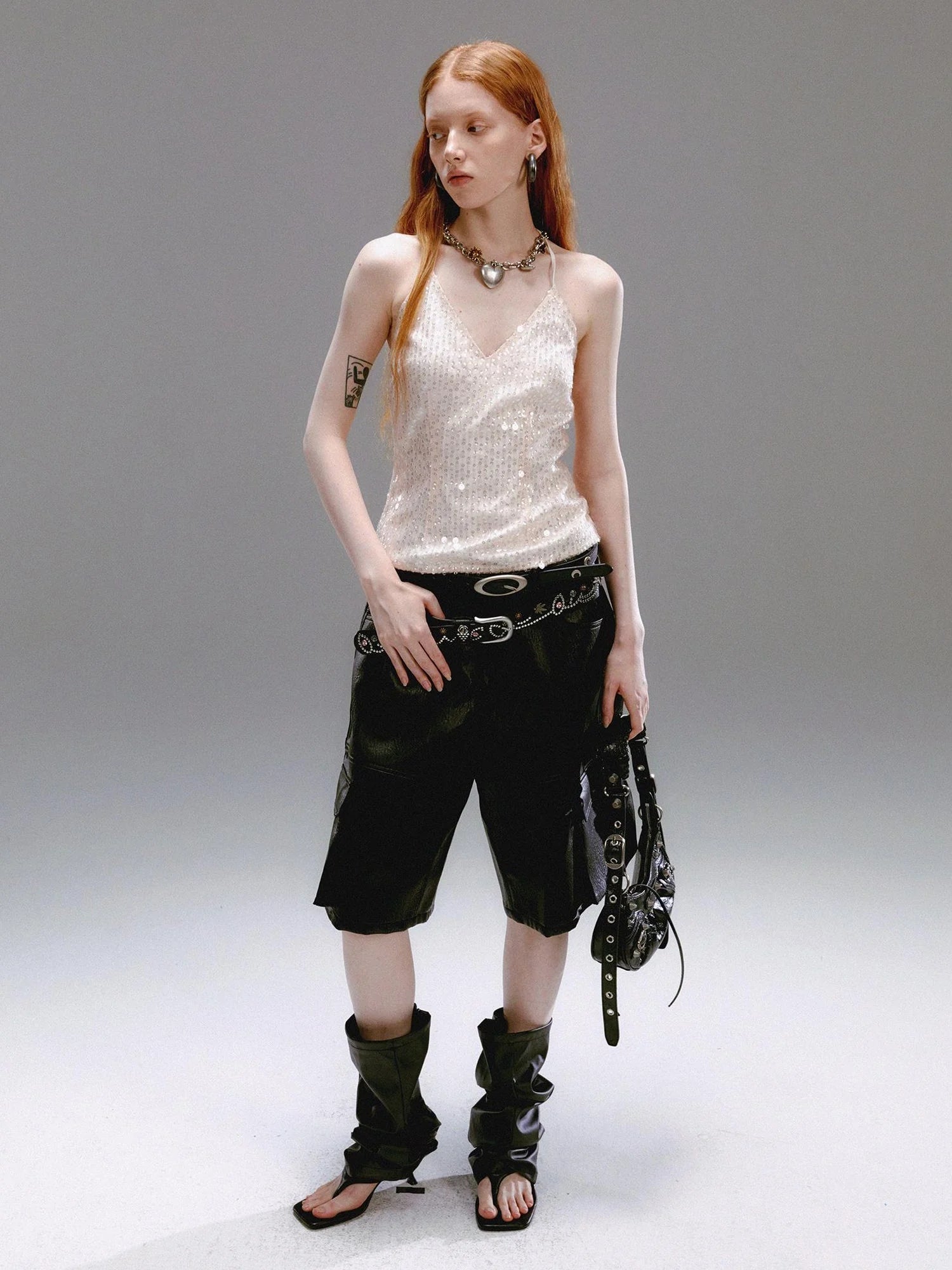 Champagne Beaded Halter V-Neck Waist Cinching Backless Vest