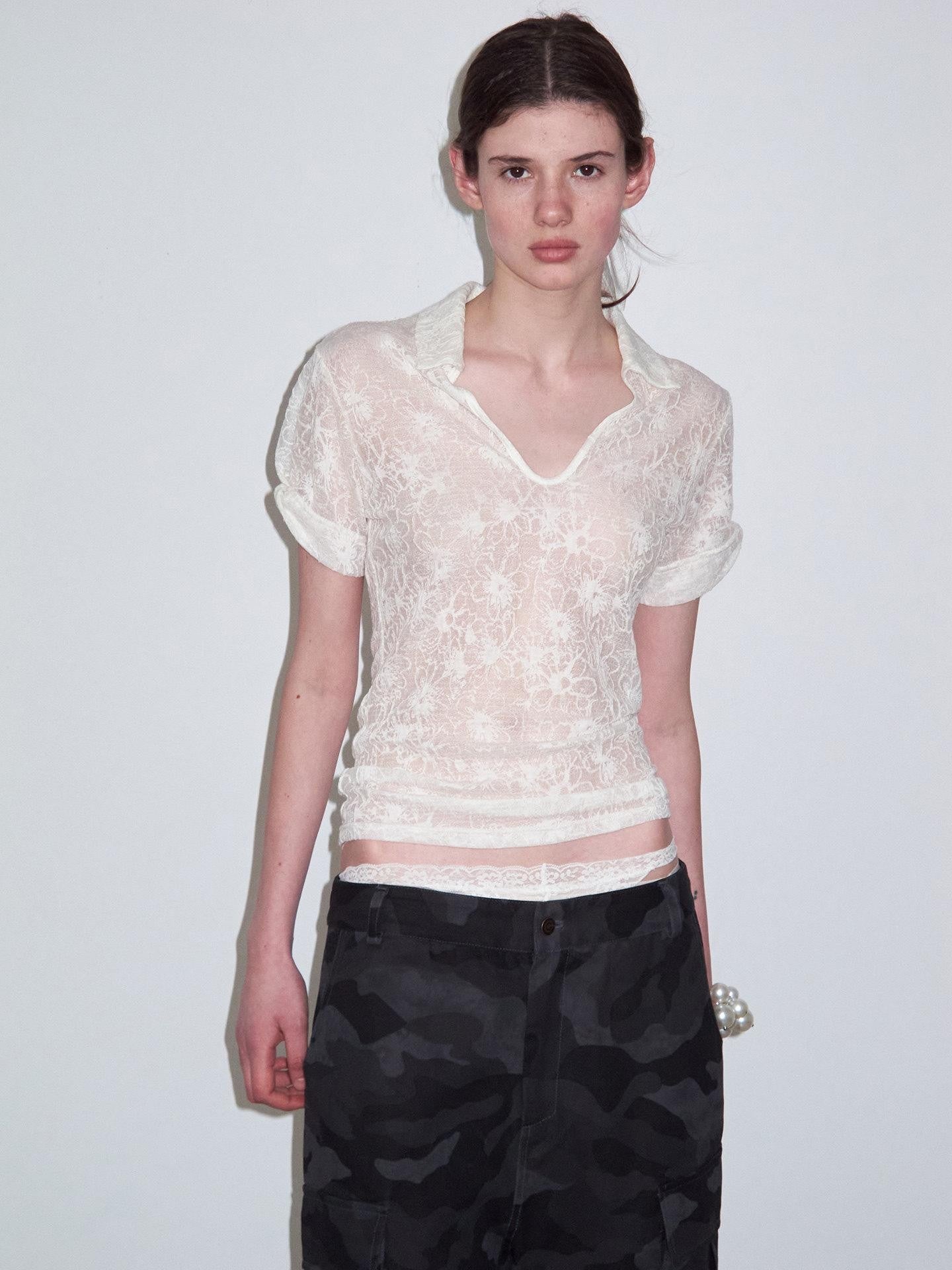 Delivery Cream Jacquard Lace Polo Collar U Neck Knit Women&