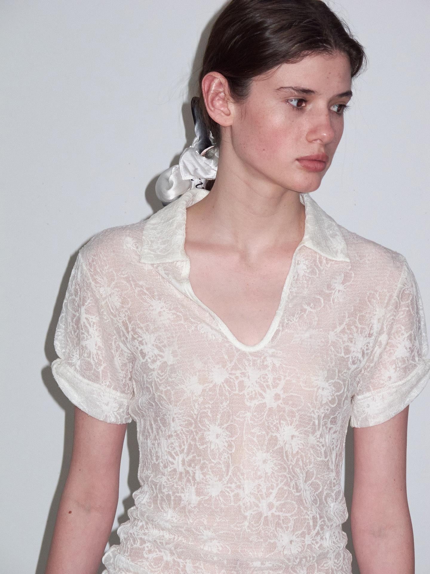Delivery Cream Jacquard Lace Polo Collar U Neck Knit Women&