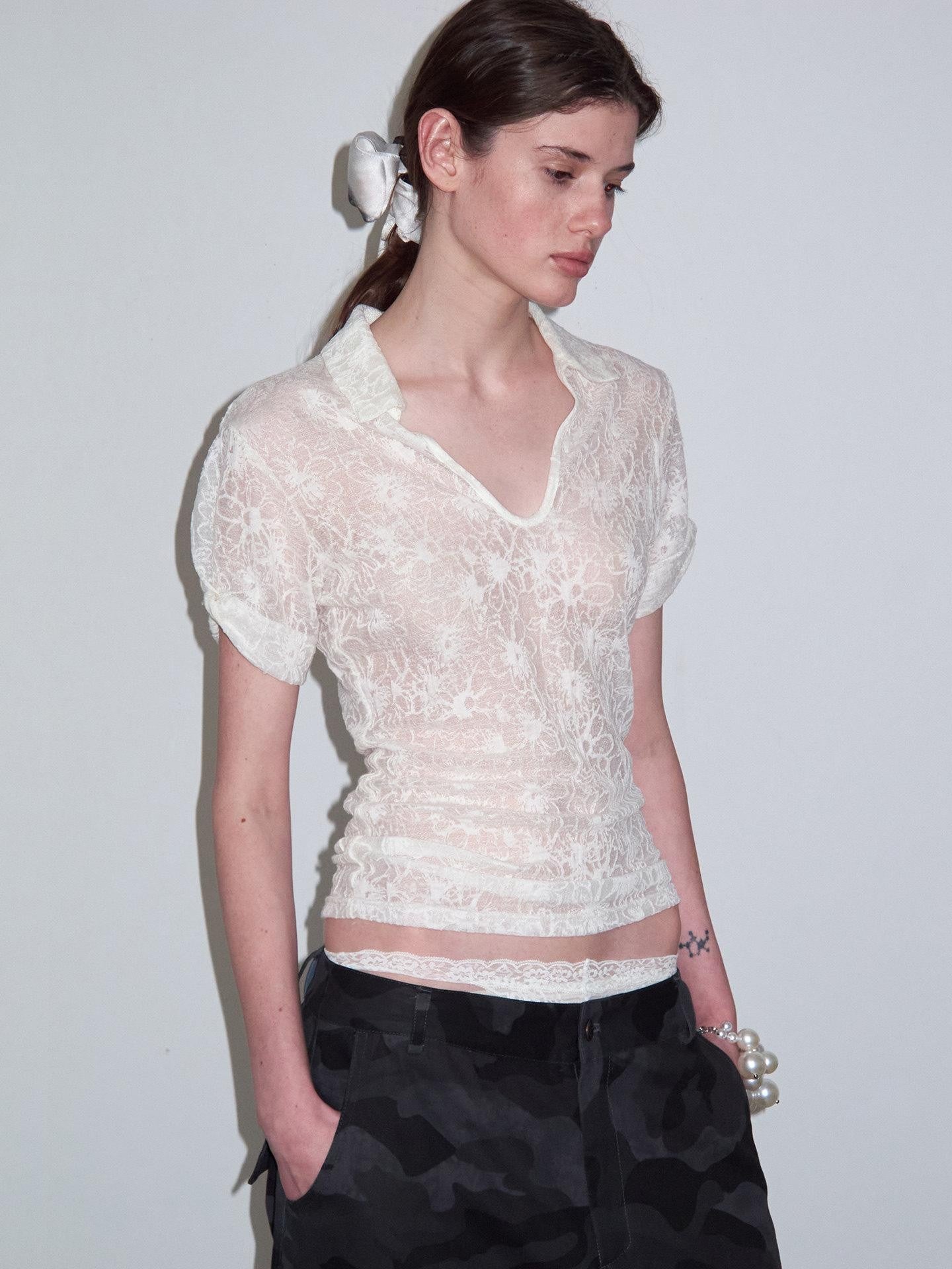 Delivery Cream Jacquard Lace Polo Collar U Neck Knit Women&