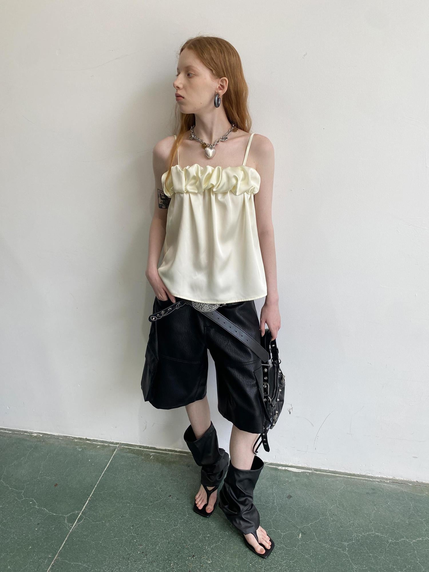 Delivery Crepe Satin Slip Dress with Ruffle Hem High Slit