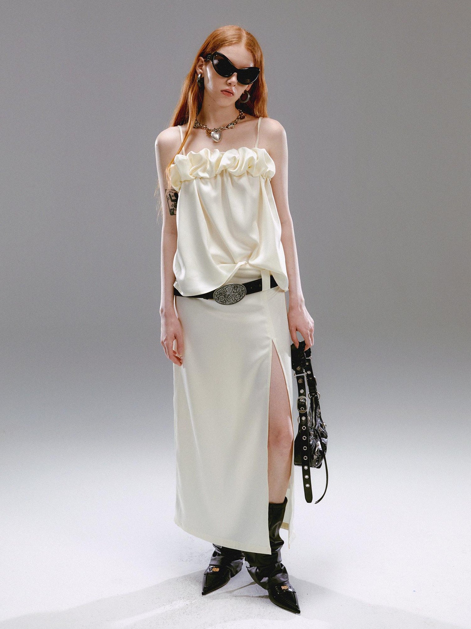 Delivery Crepe Satin Slip Dress with Ruffle Hem High Slit