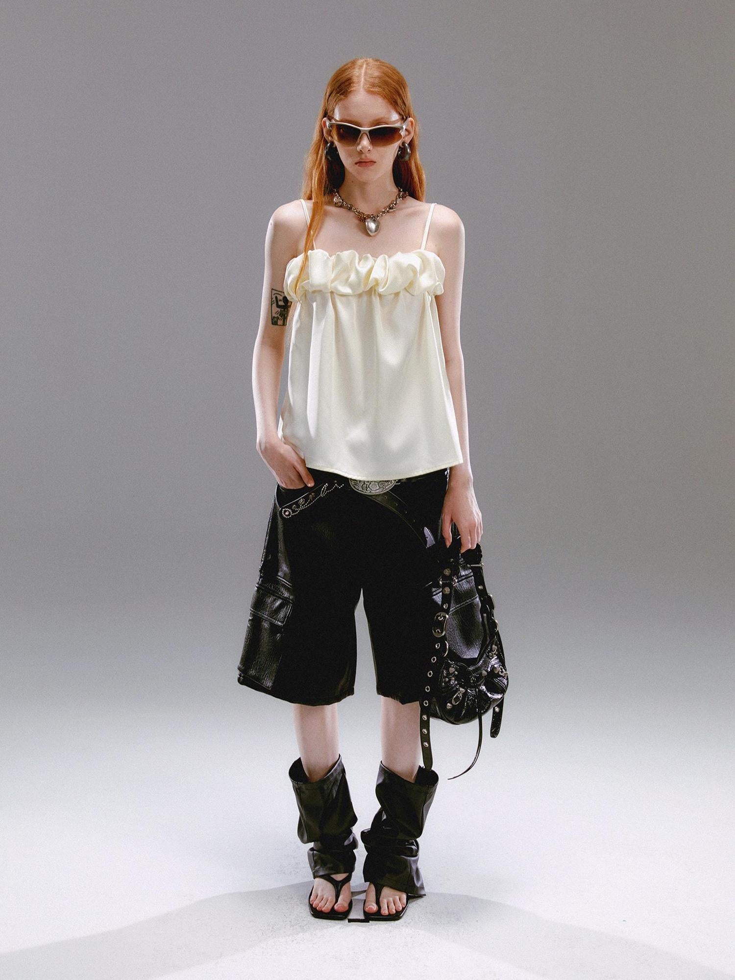 Delivery Crepe Satin Slip Dress with Ruffle Hem High Slit