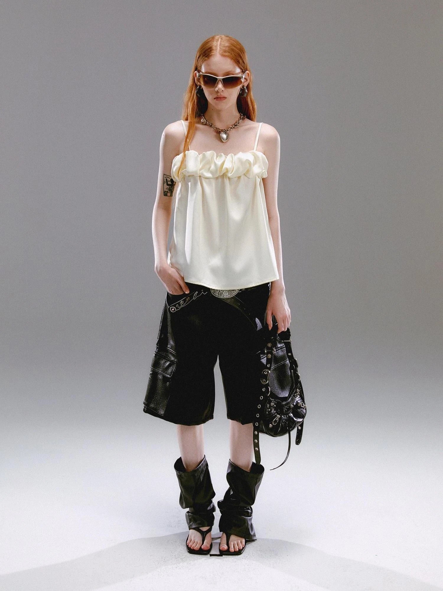 Crepe Satin Slip Dress with Ruffle Hem High Slit