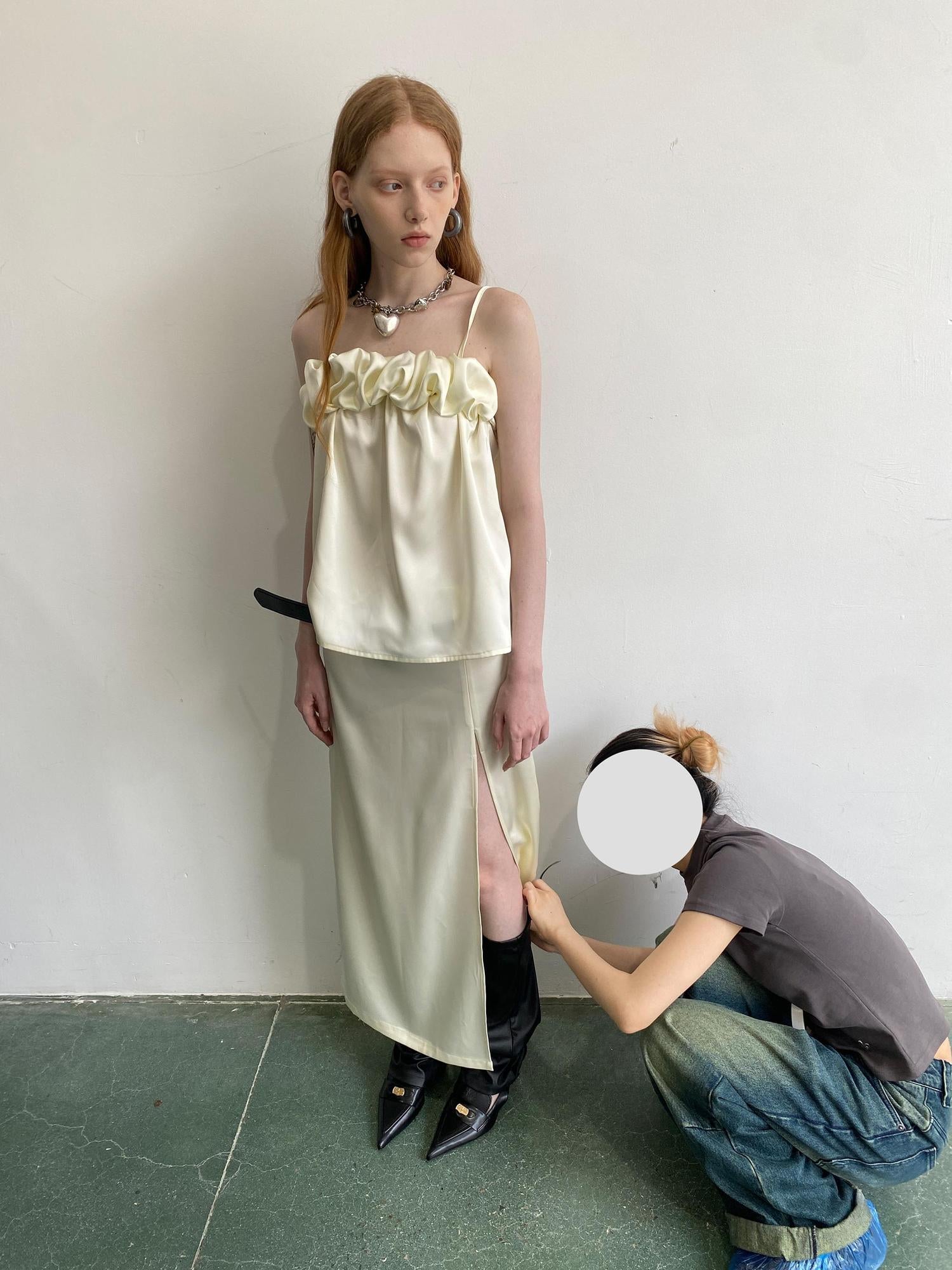 Delivery Crepe Satin Slip Dress with Ruffle Hem High Slit