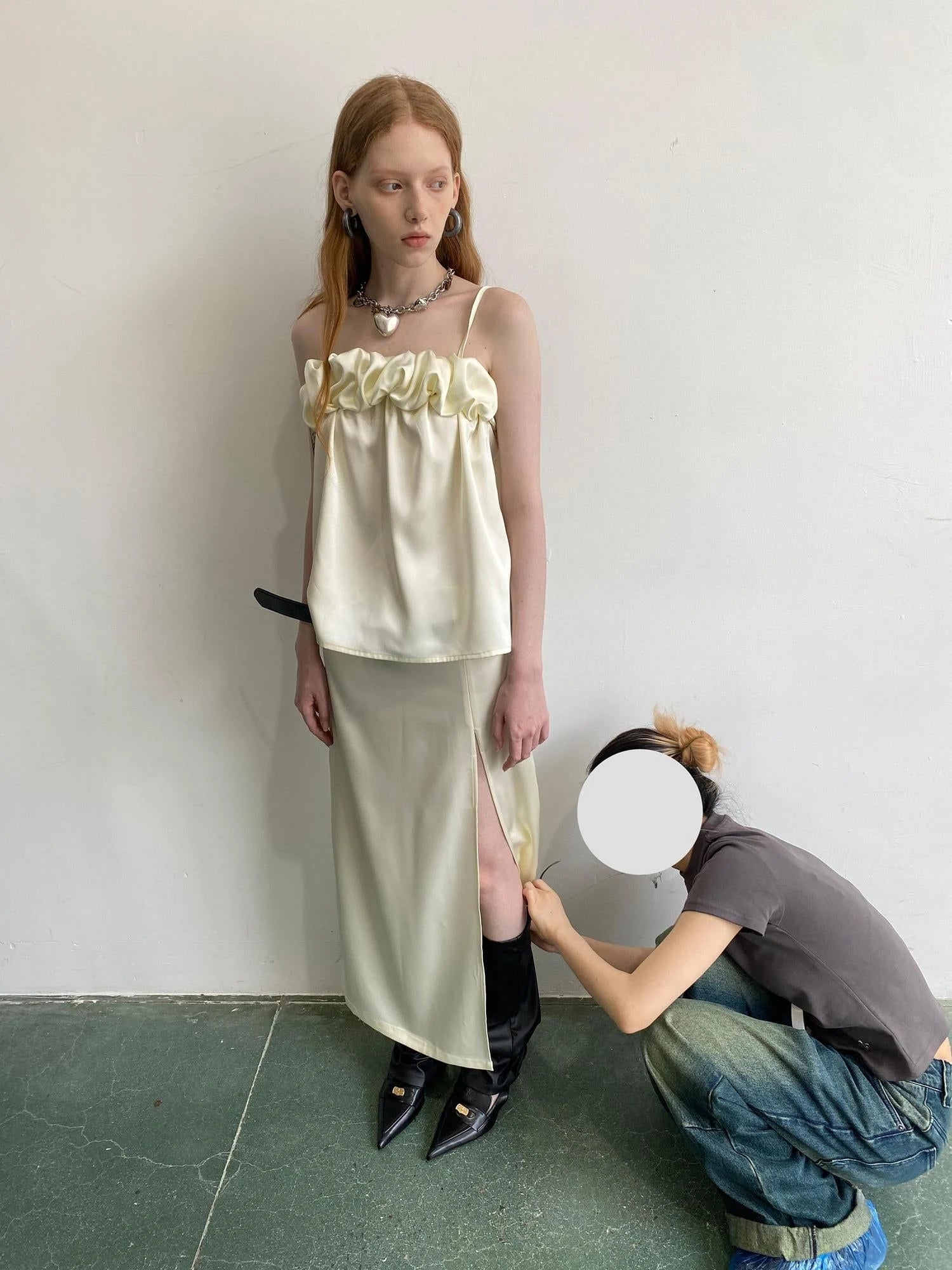 Crepe Satin Slip Dress with Ruffle Hem High Slit