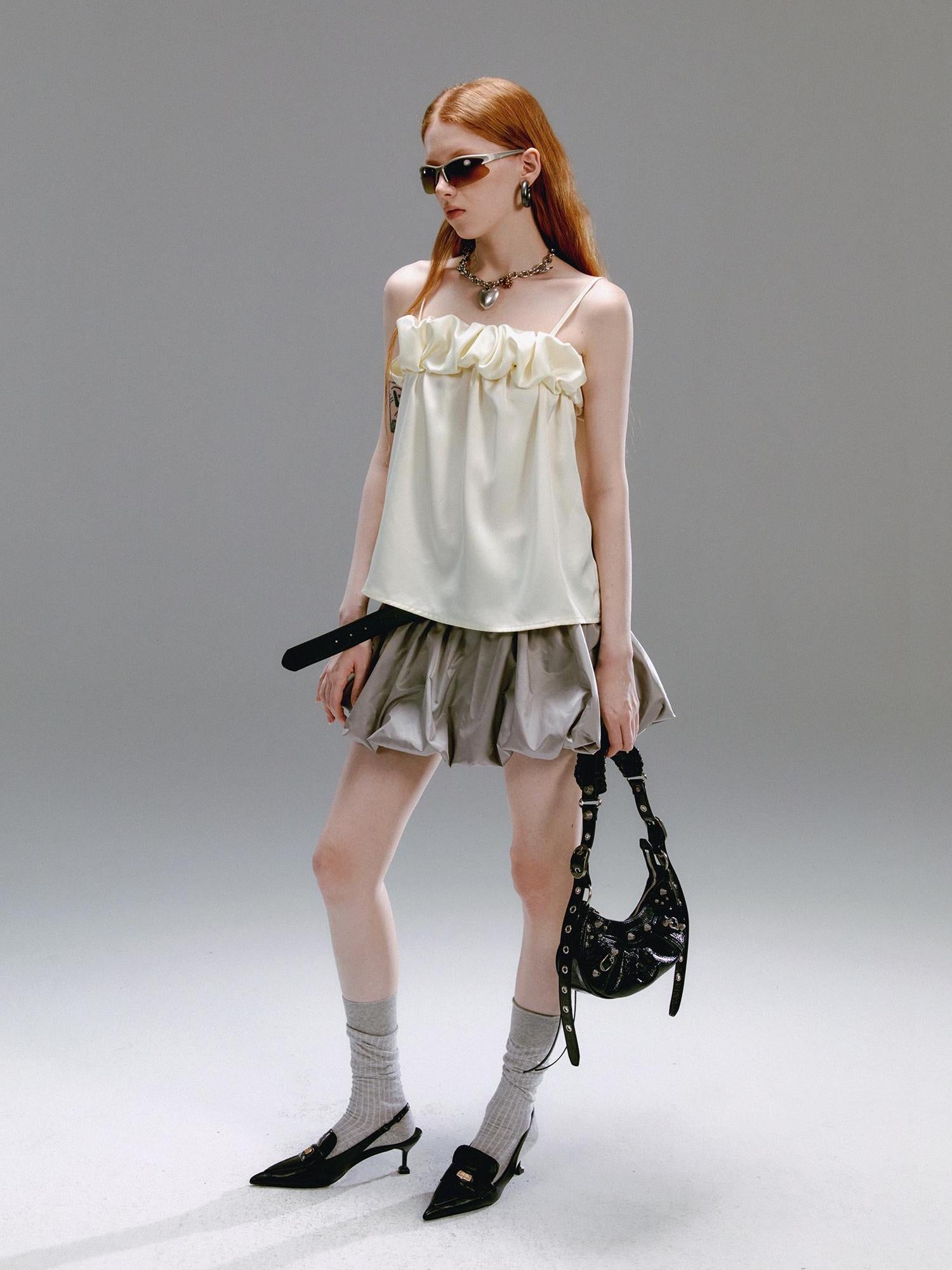 Delivery Crepe Satin Slip Dress with Ruffle Hem High Slit