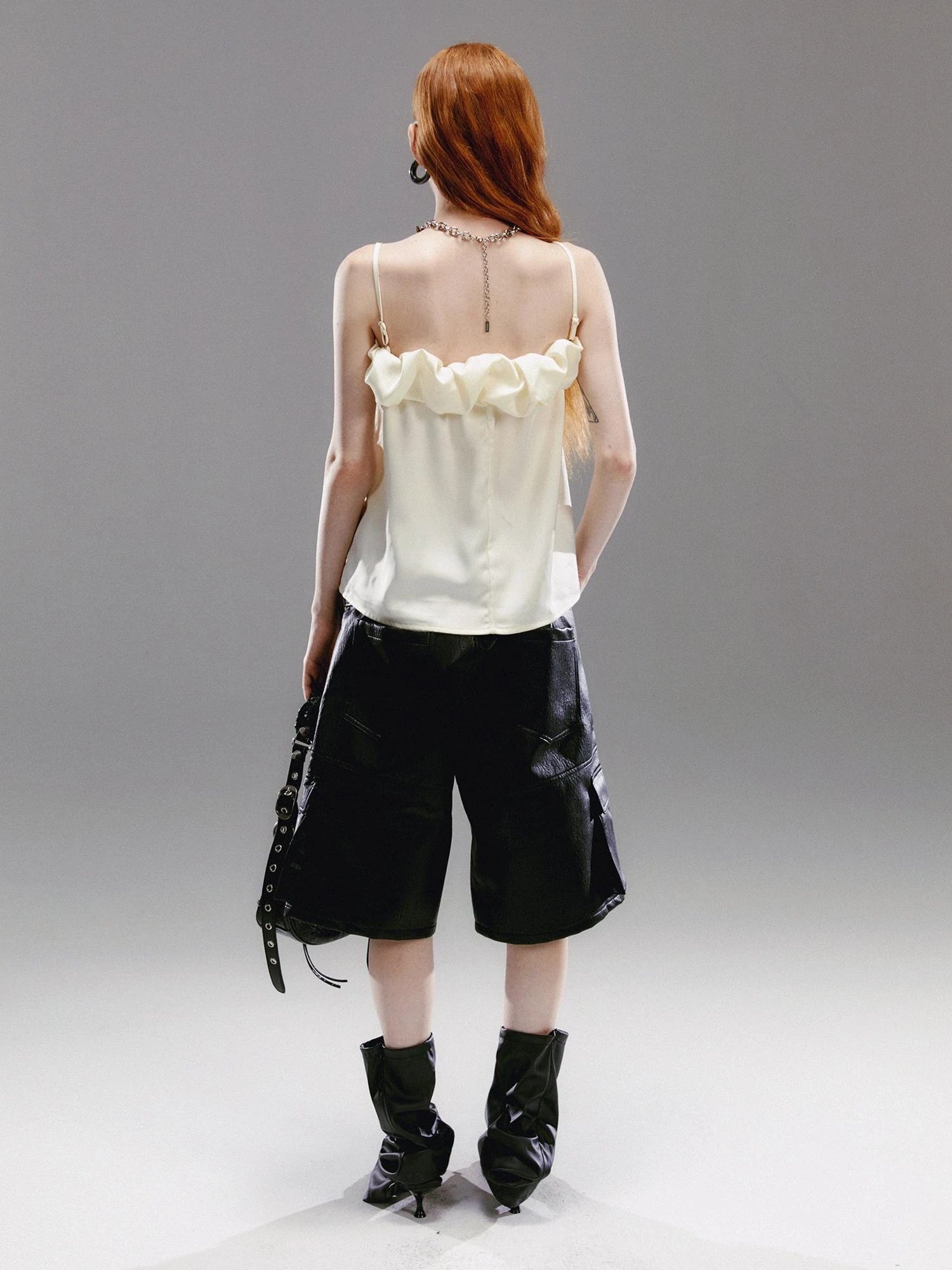 Crepe Satin Slip Dress with Ruffle Hem High Slit