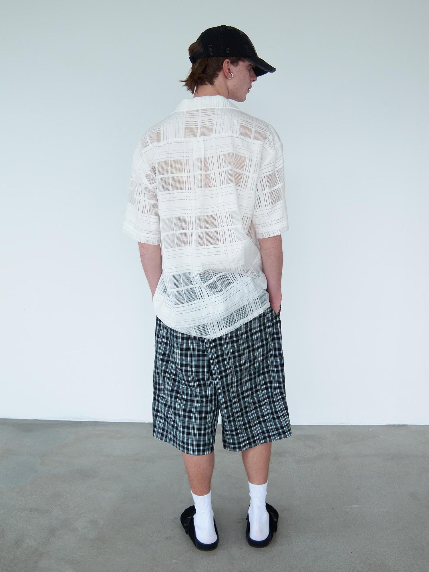 Delivery Crisp White Gingham Cuban Collar Short Sleeve Shirt