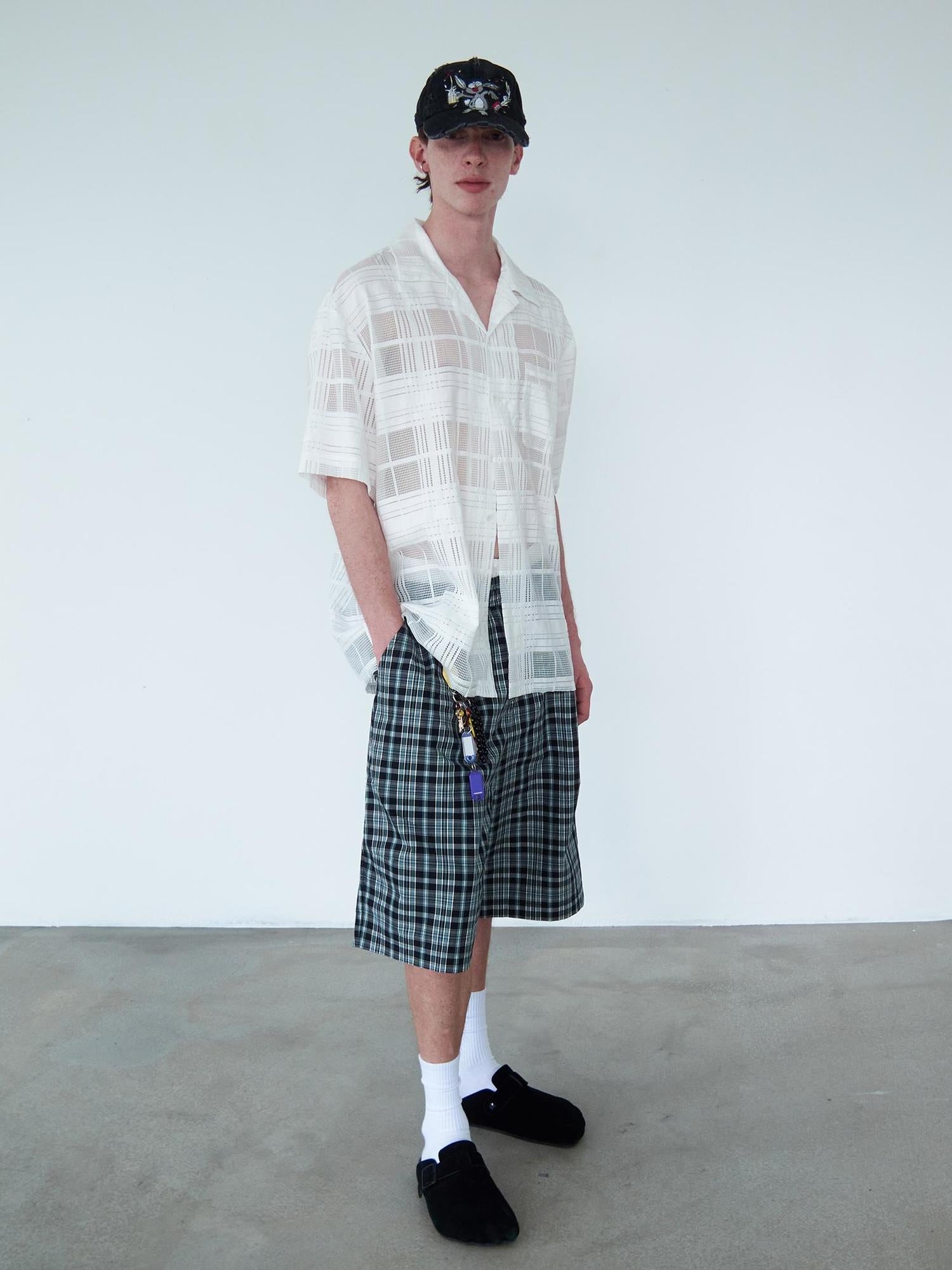 Delivery Crisp White Gingham Cuban Collar Short Sleeve Shirt