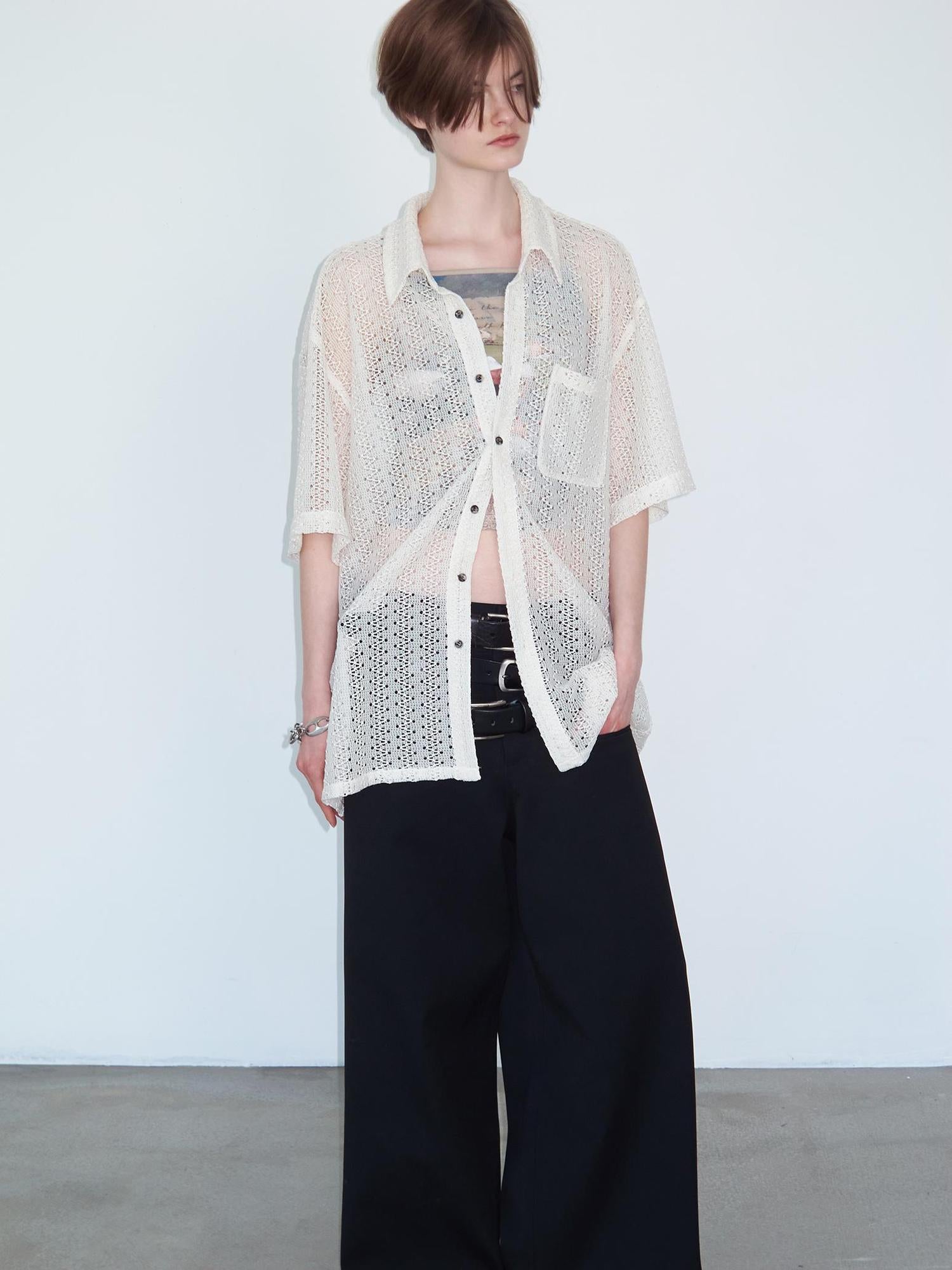 Delivery Crochet Knit Short Sleeve Shirt In Beige